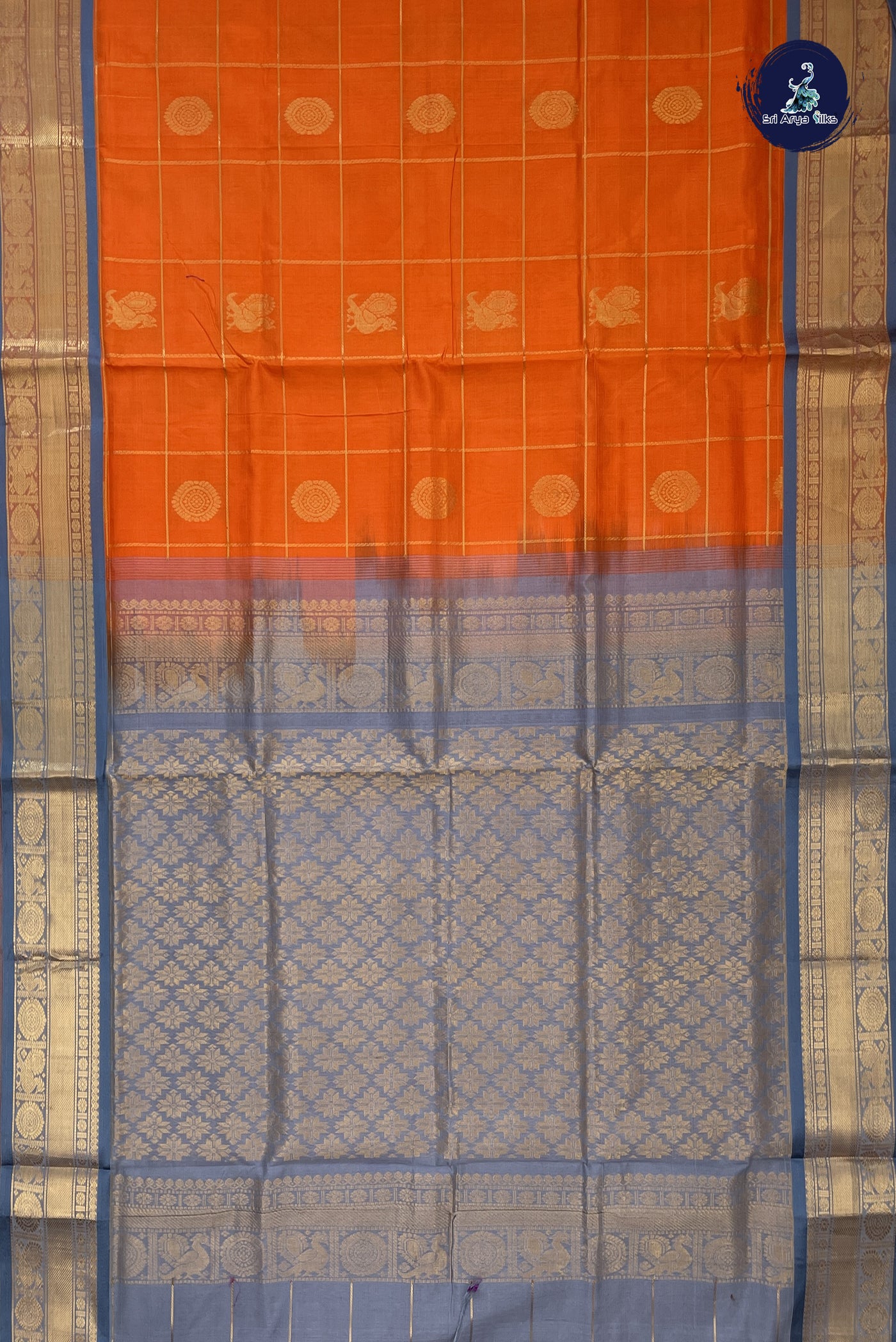 Orange Bridal Silk Cotton Saree With Zari Checked Pattern