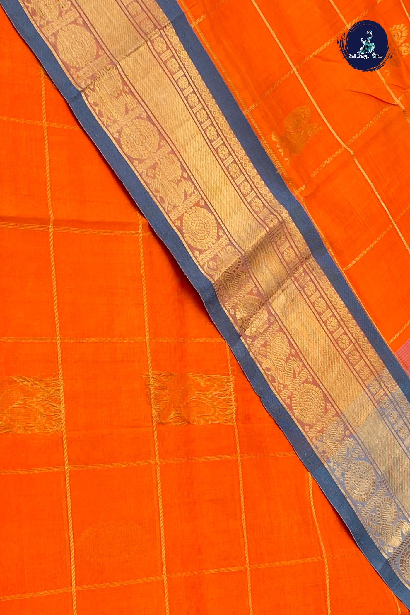 Orange Bridal Silk Cotton Saree With Zari Checked Pattern