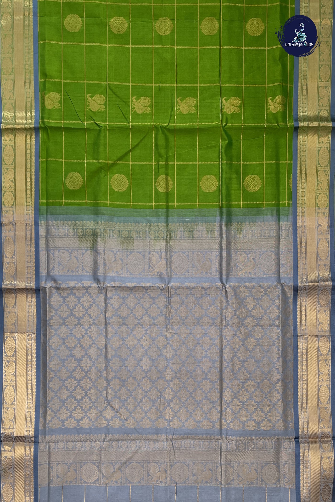 Parrot Green Bridal Silk Cotton Saree With Zari Checked Pattern