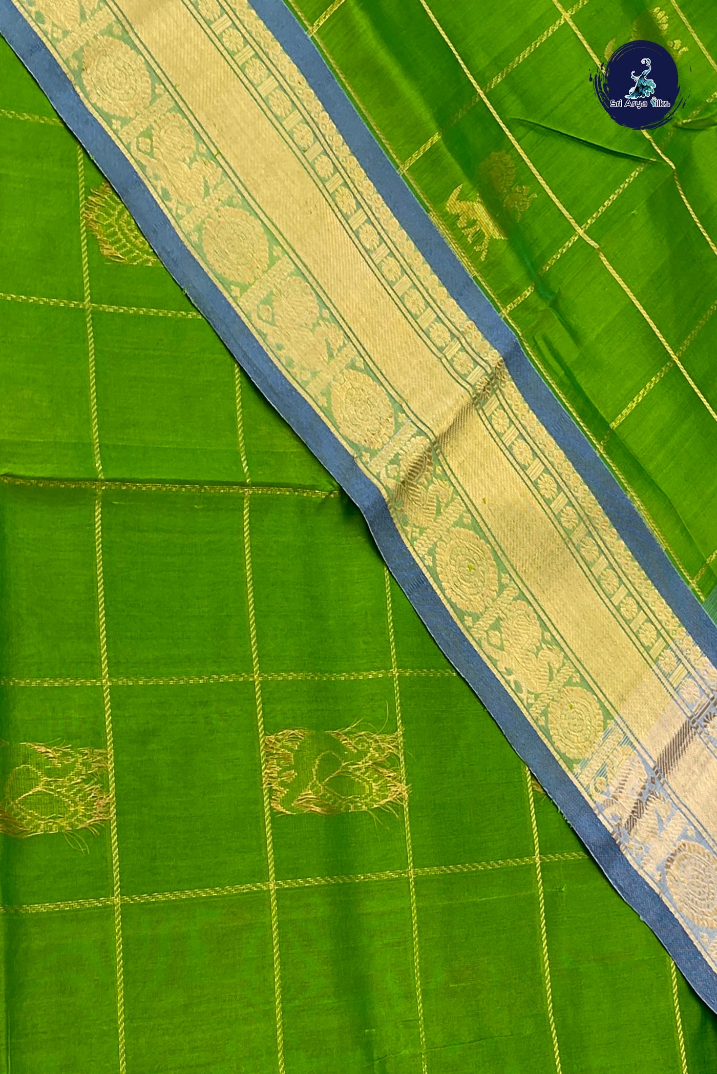 Parrot Green Bridal Silk Cotton Saree With Zari Checked Pattern