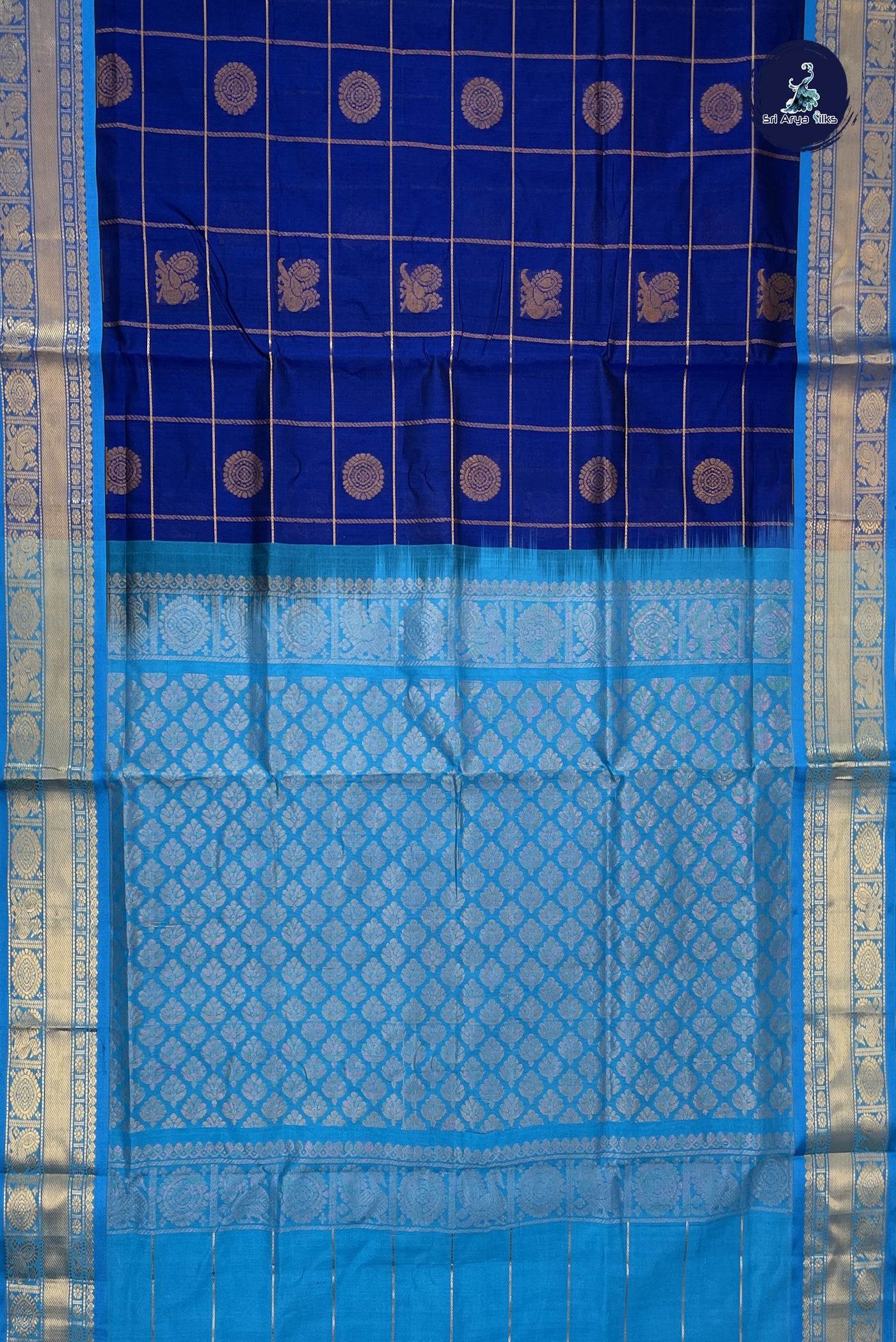 Dark Blue Bridal Silk Cotton Saree With Zari Checked Pattern