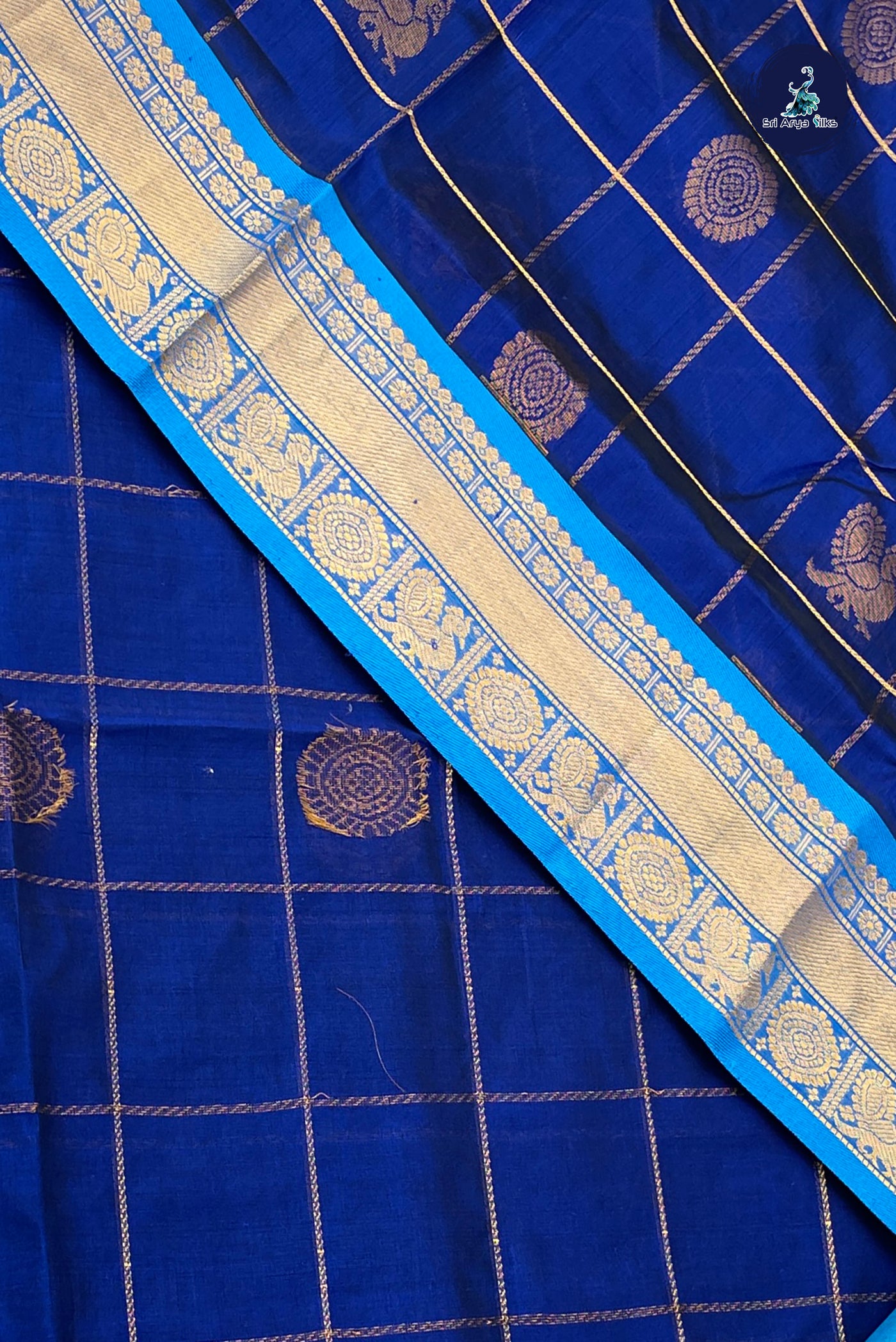 Dark Blue Bridal Silk Cotton Saree With Zari Checked Pattern