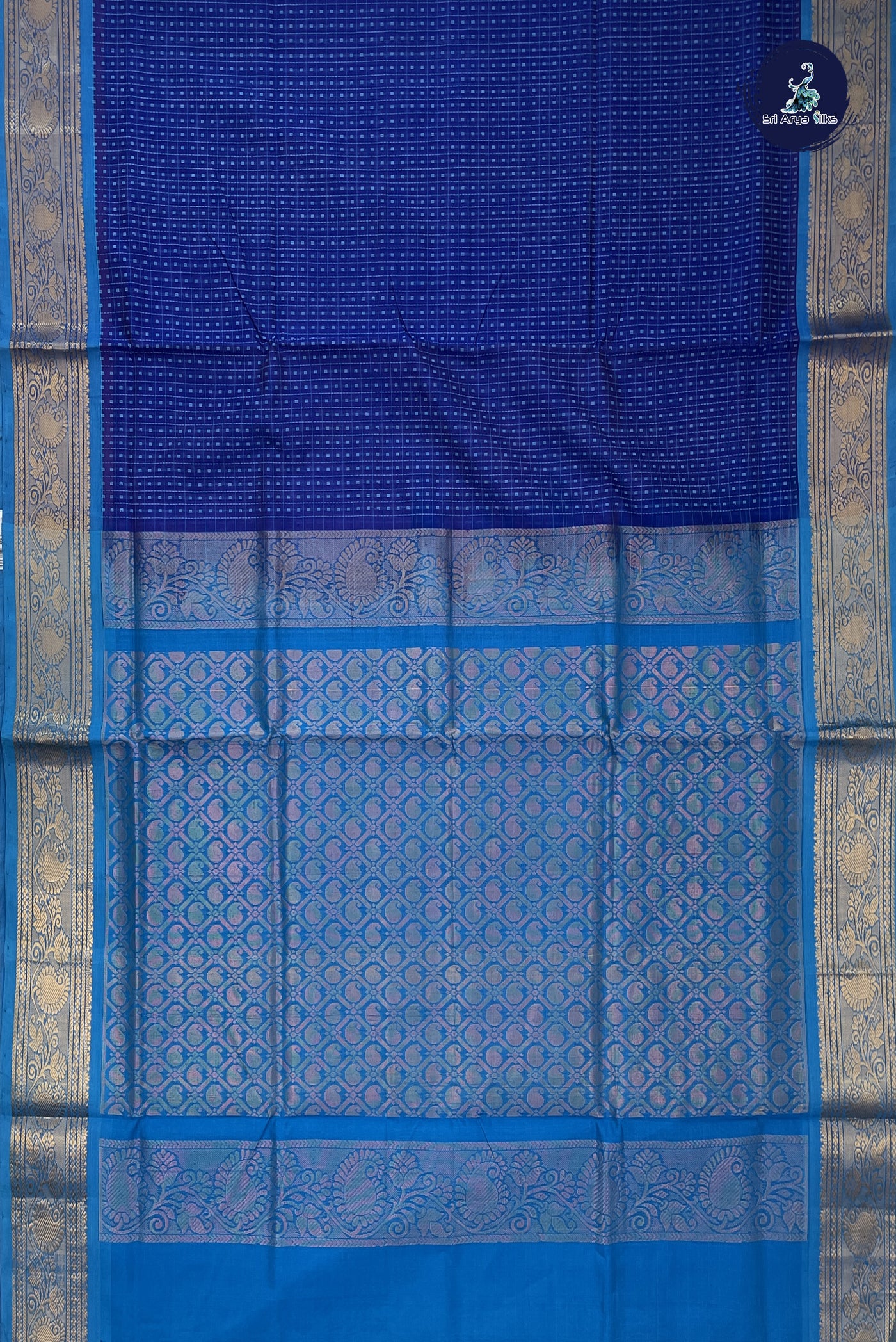 Dark Blue Bridal Silk Cotton Saree With Laksha Deepam Design Pattern