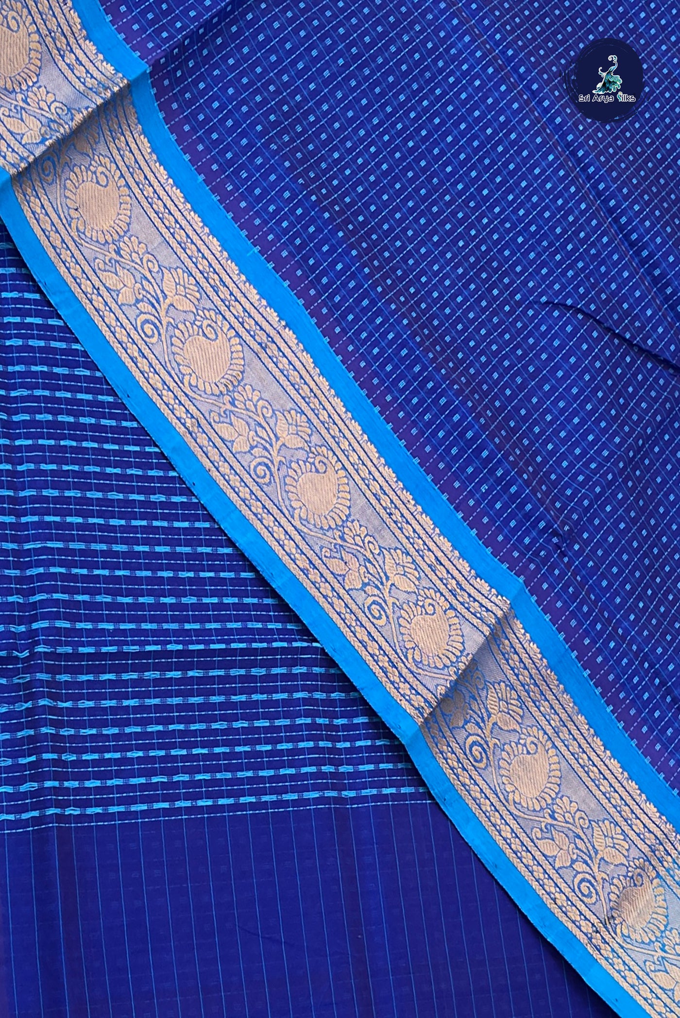 Dark Blue Bridal Silk Cotton Saree With Laksha Deepam Design Pattern