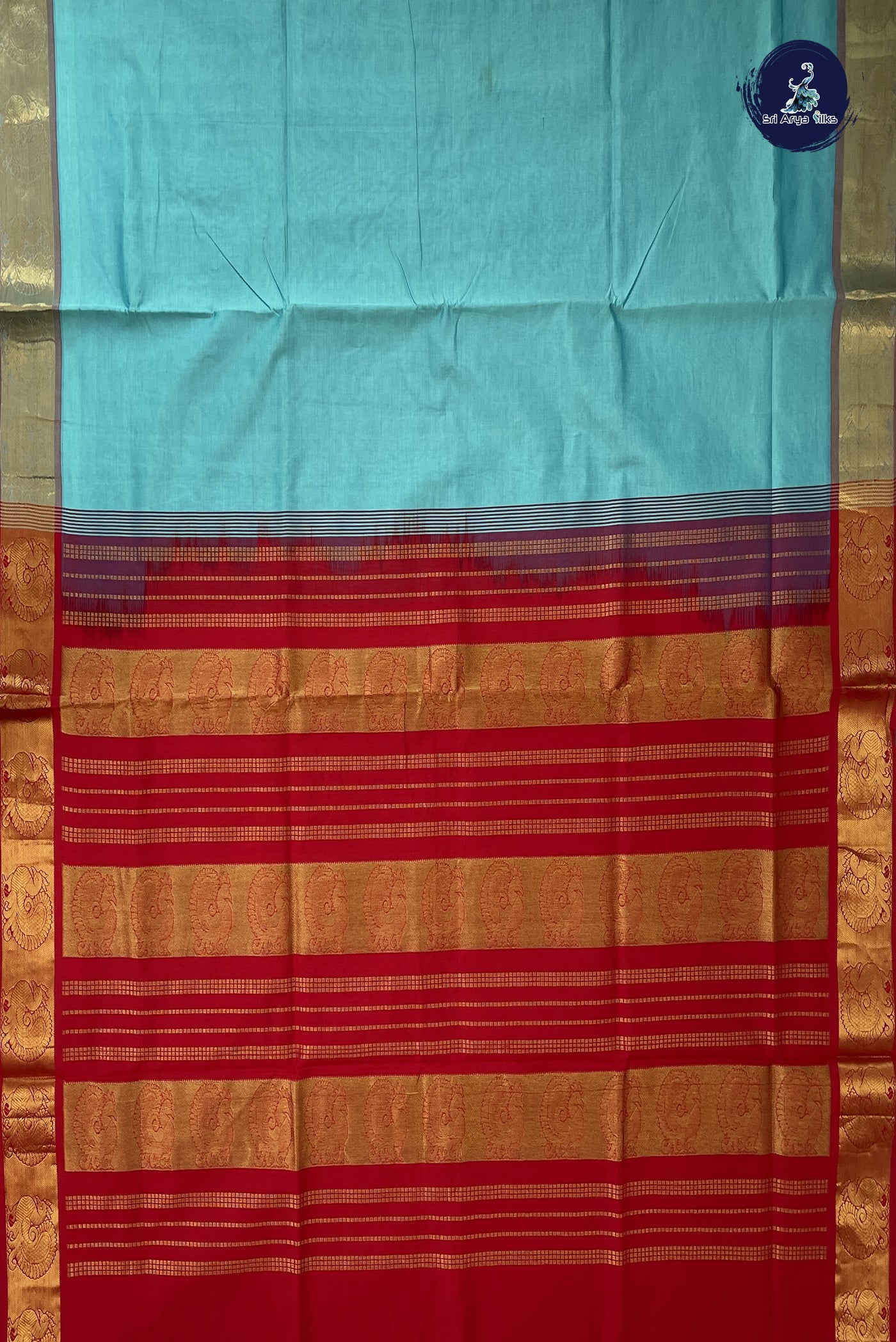 Light Blue Semi Silk Cotton Saree With Plain Pattern