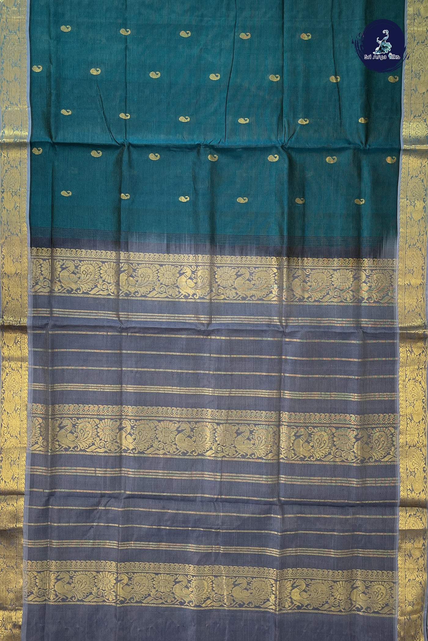 Peacock Green Vaira Oosi Silk Cotton Saree With Vaira Oosi Pattern