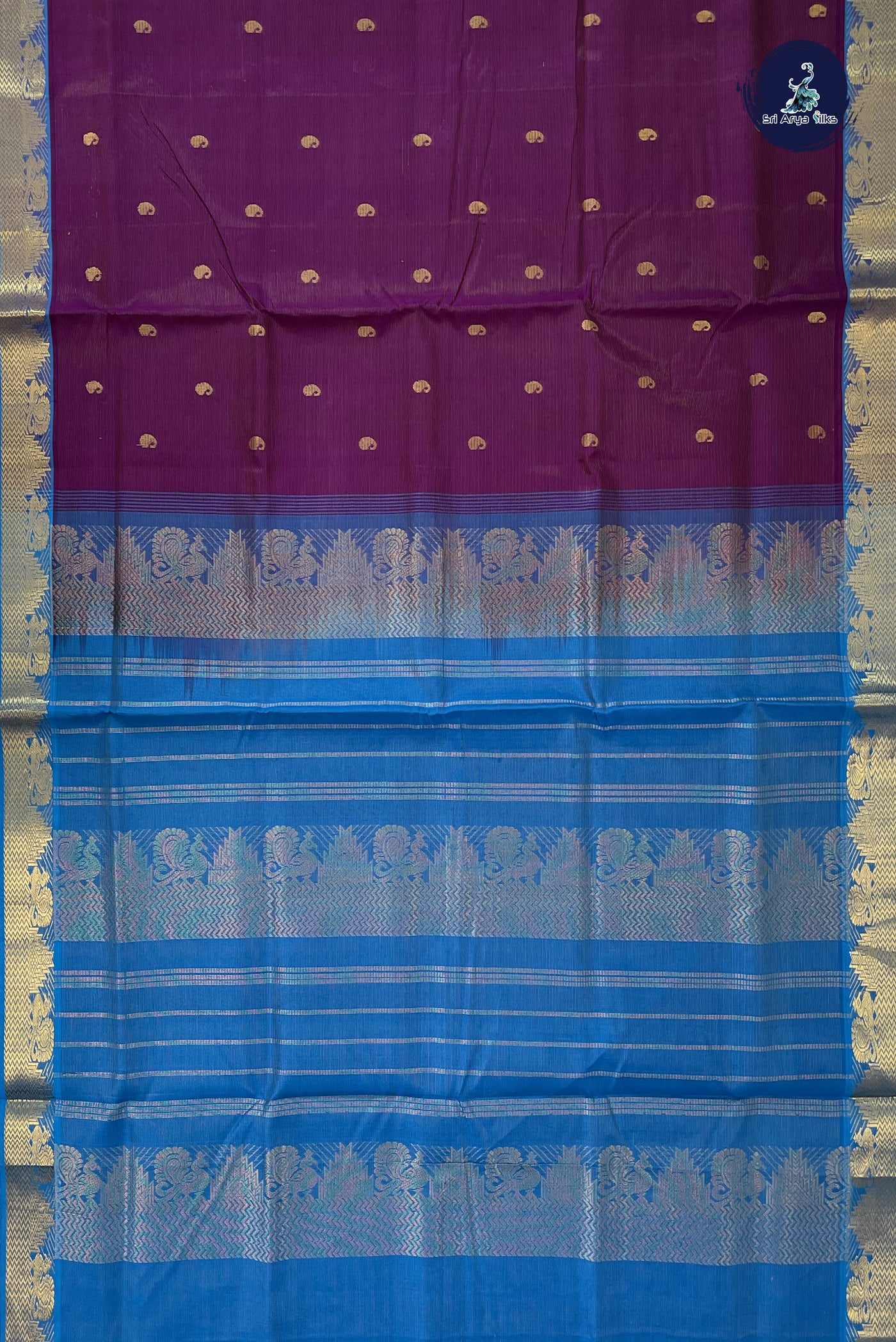 Dark Brinjal Vaira Oosi Silk Cotton Saree With Vaira Oosi Pattern