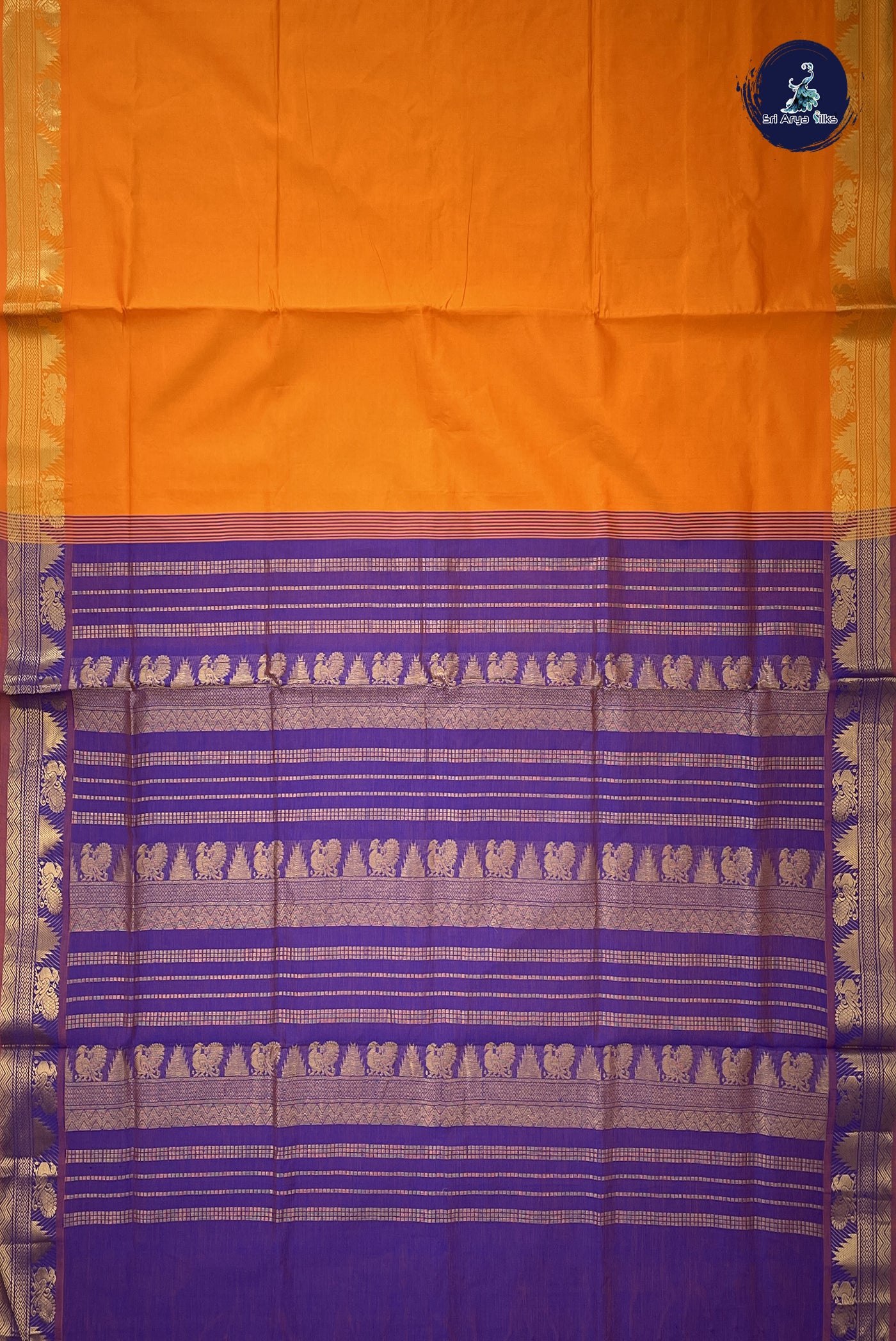 Yellowish Orange Semi Silk Cotton Saree With Plain Pattern