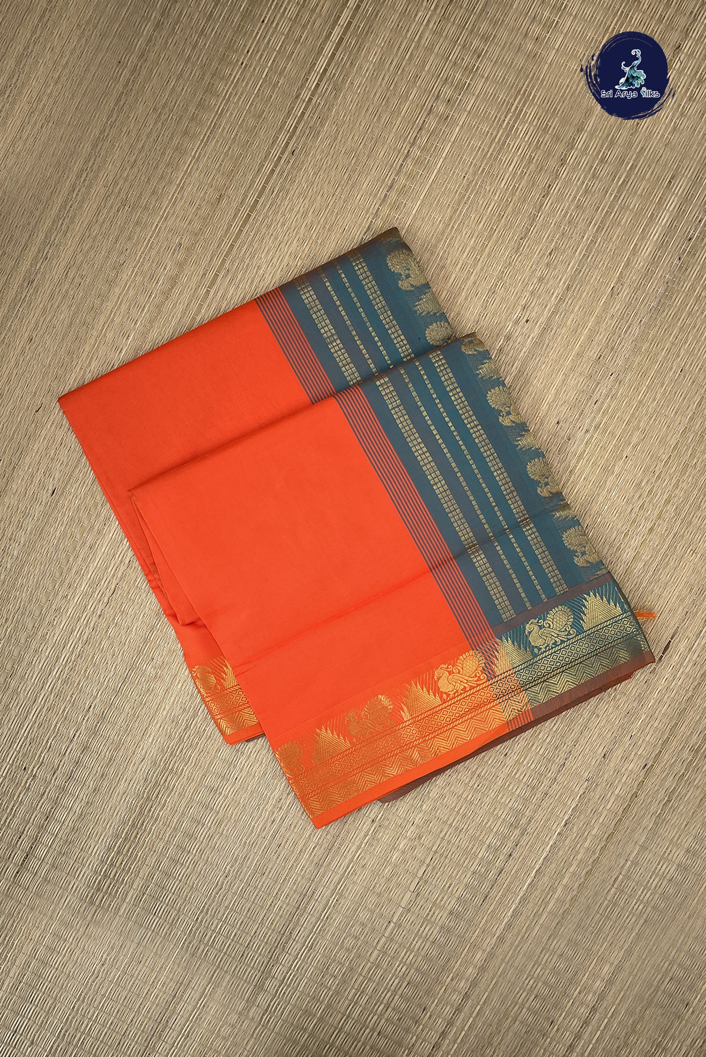 Reddish Orange Semi Silk Cotton Saree With Plain Pattern