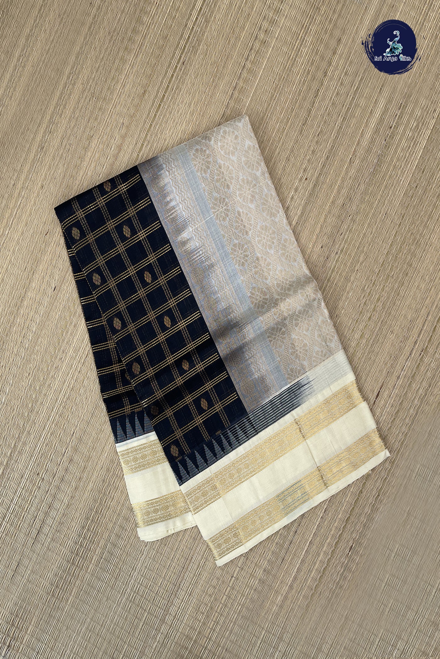 Black Korvai Silk Cotton Saree With Zari Checked Pattern