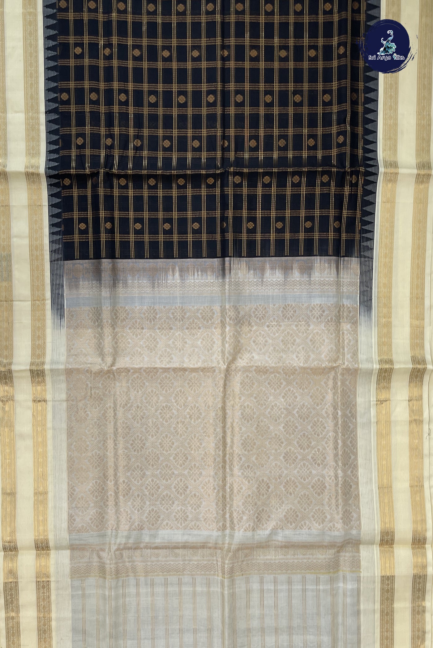 Black Korvai Silk Cotton Saree With Zari Checked Pattern