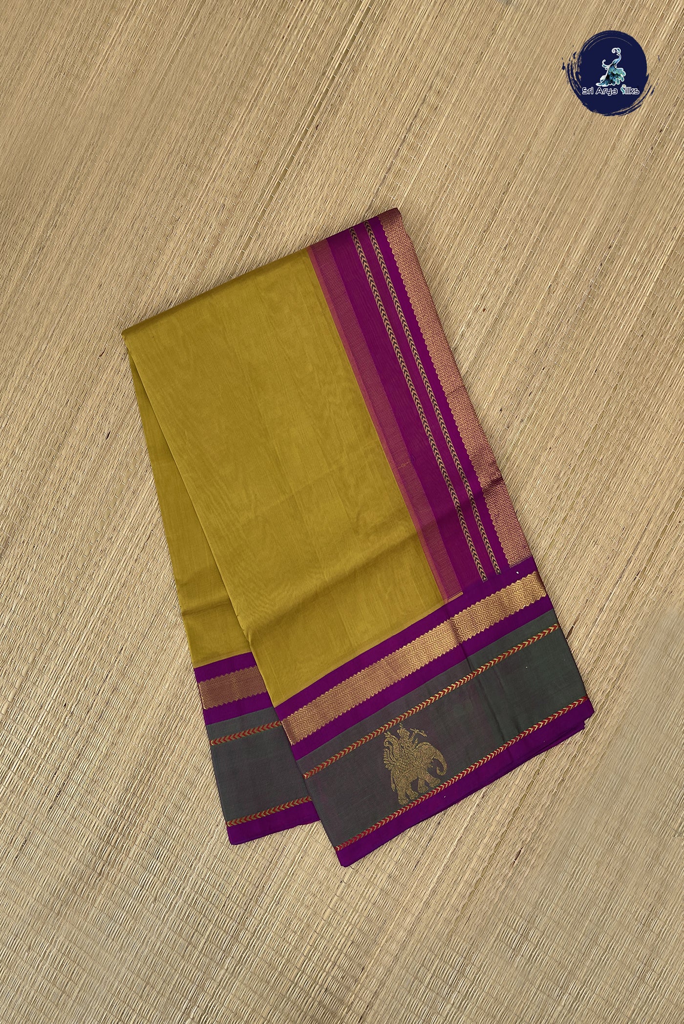 Mustard Yellow Korvai Silk Cotton Saree With Plain Pattern