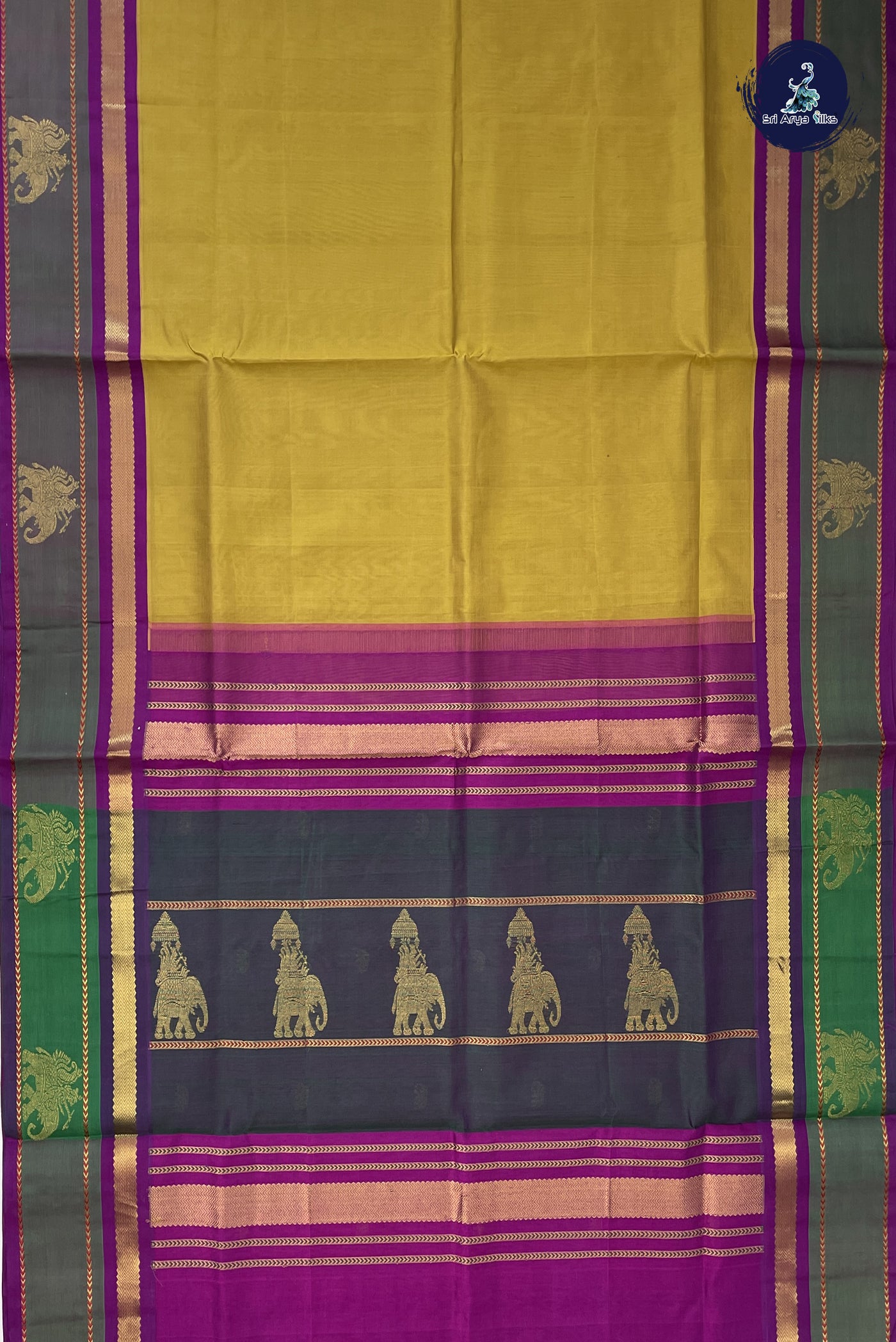 Mustard Yellow Korvai Silk Cotton Saree With Plain Pattern