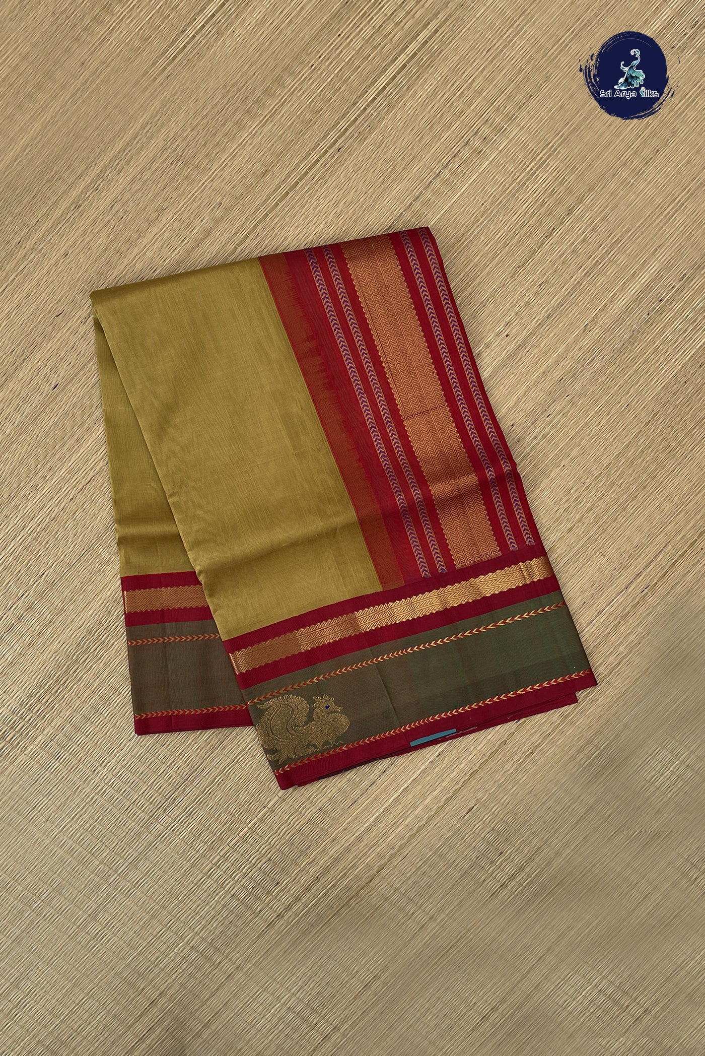 Mustard Yellow Korvai Silk Cotton Saree With Plain Pattern