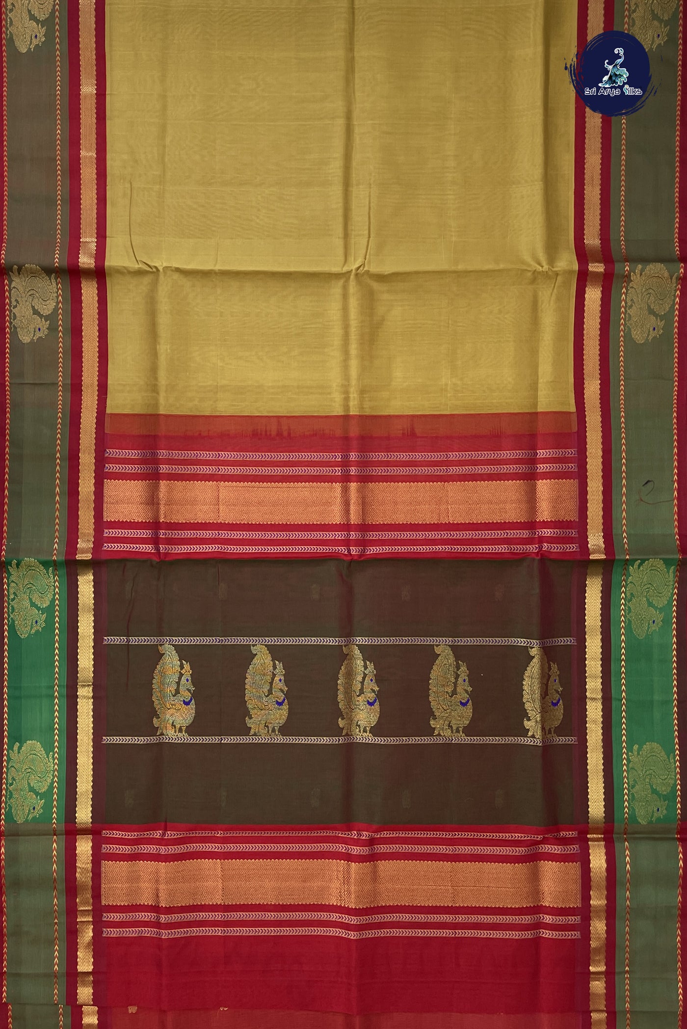 Mustard Yellow Korvai Silk Cotton Saree With Plain Pattern