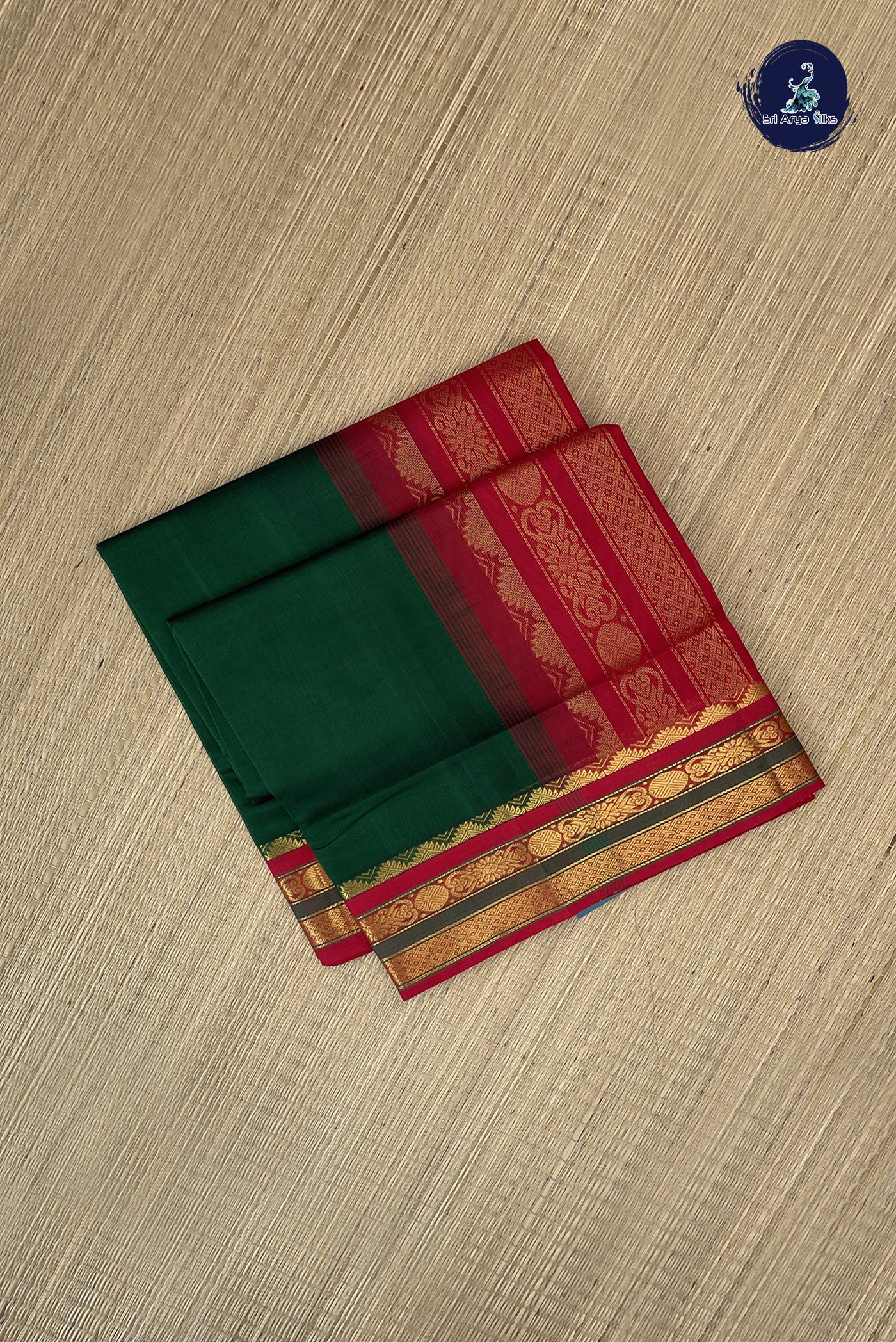 Bottle Green Korvai Silk Cotton Saree With Plain Pattern