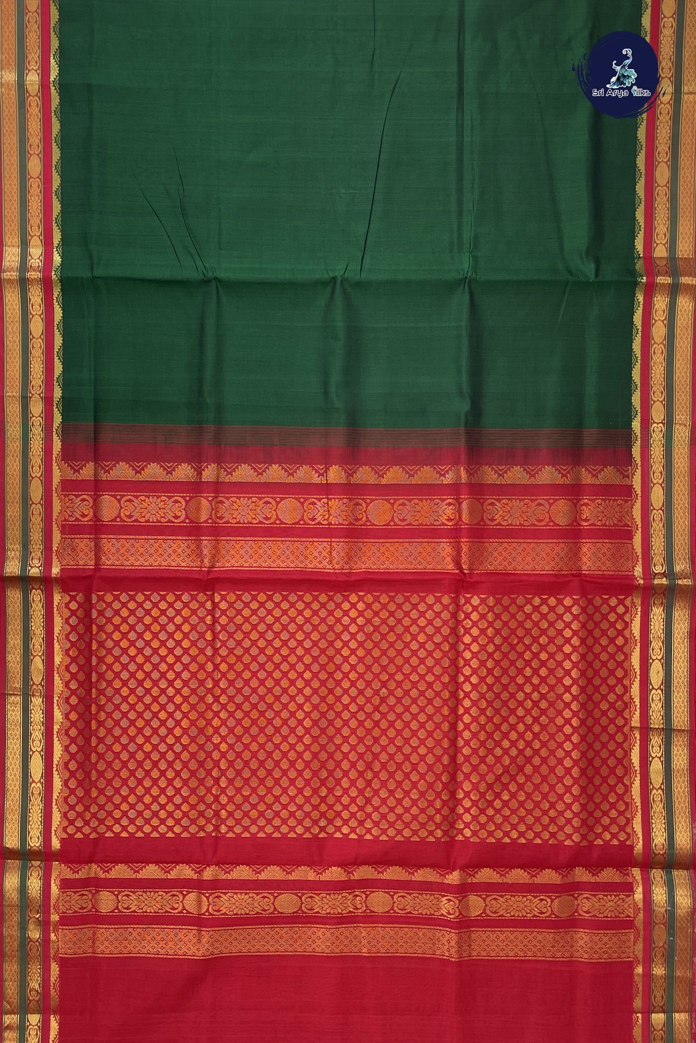 Bottle Green Korvai Silk Cotton Saree With Plain Pattern