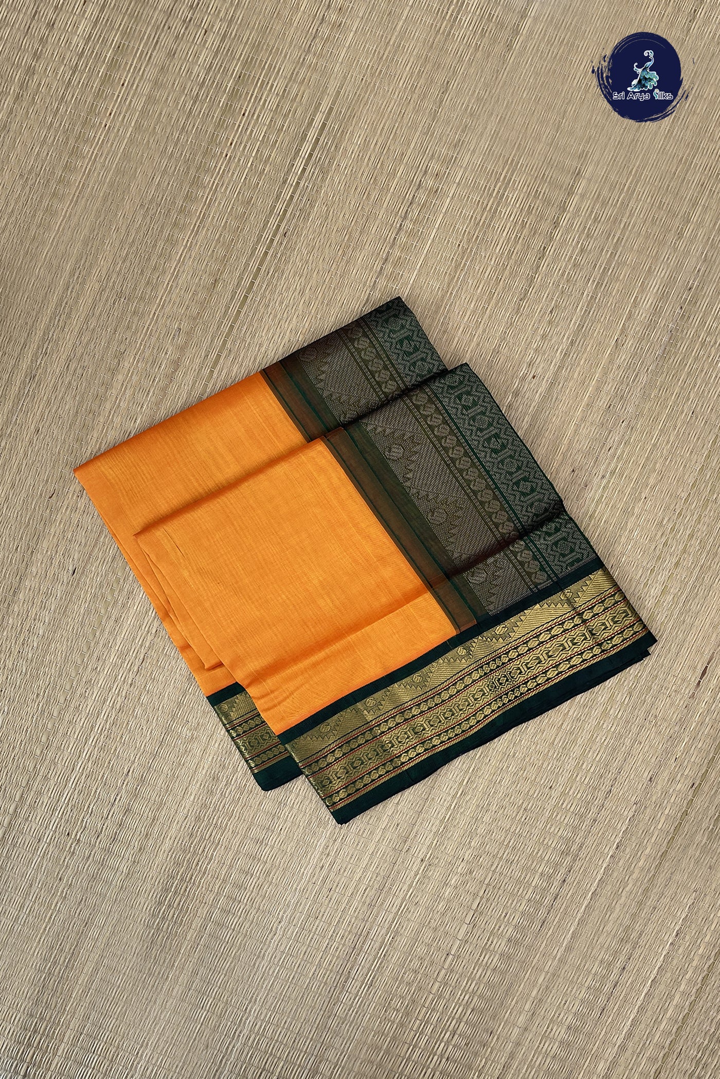 Yellowish Orange Korvai Silk Cotton Saree With Plain Pattern