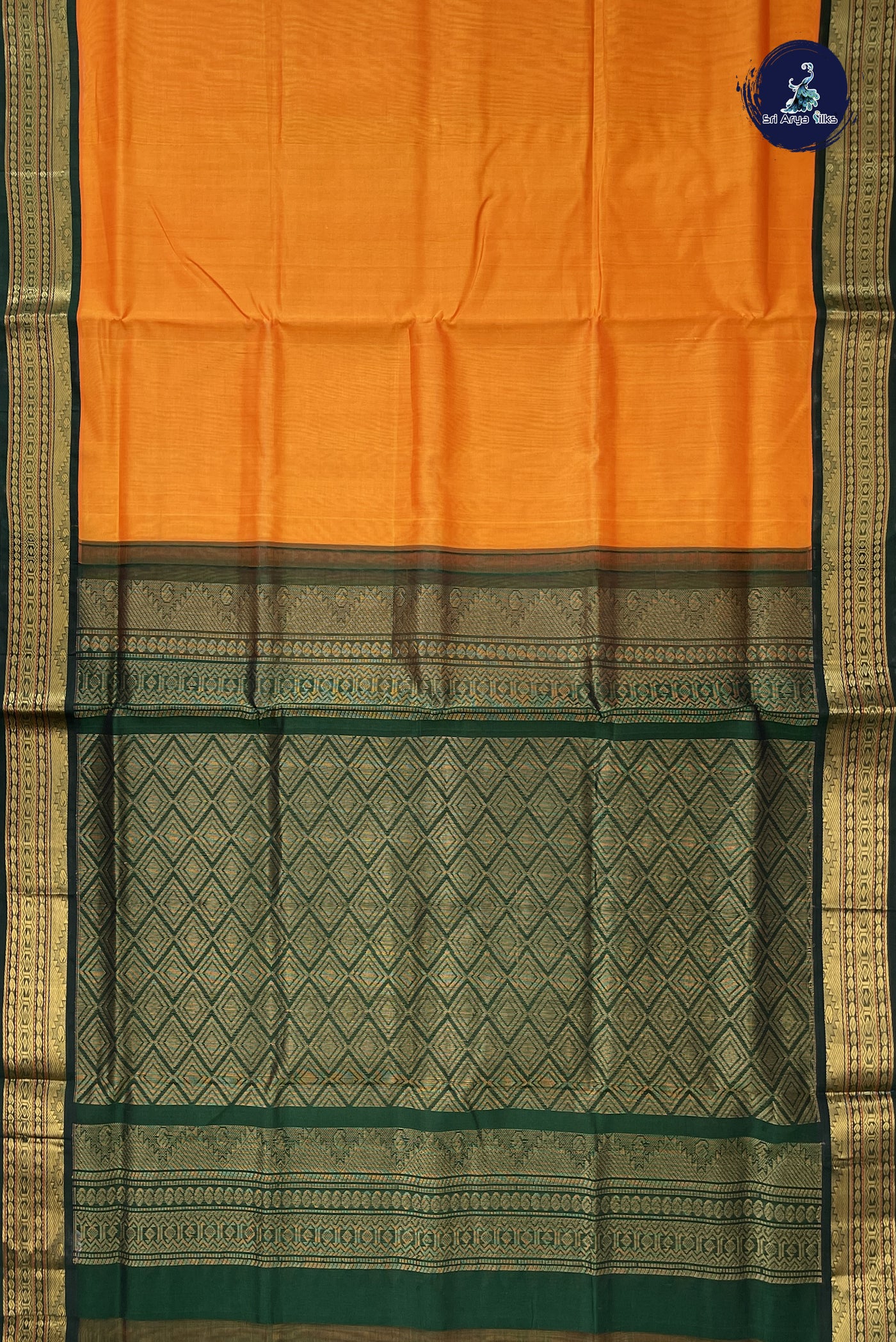 Yellowish Orange Korvai Silk Cotton Saree With Plain Pattern