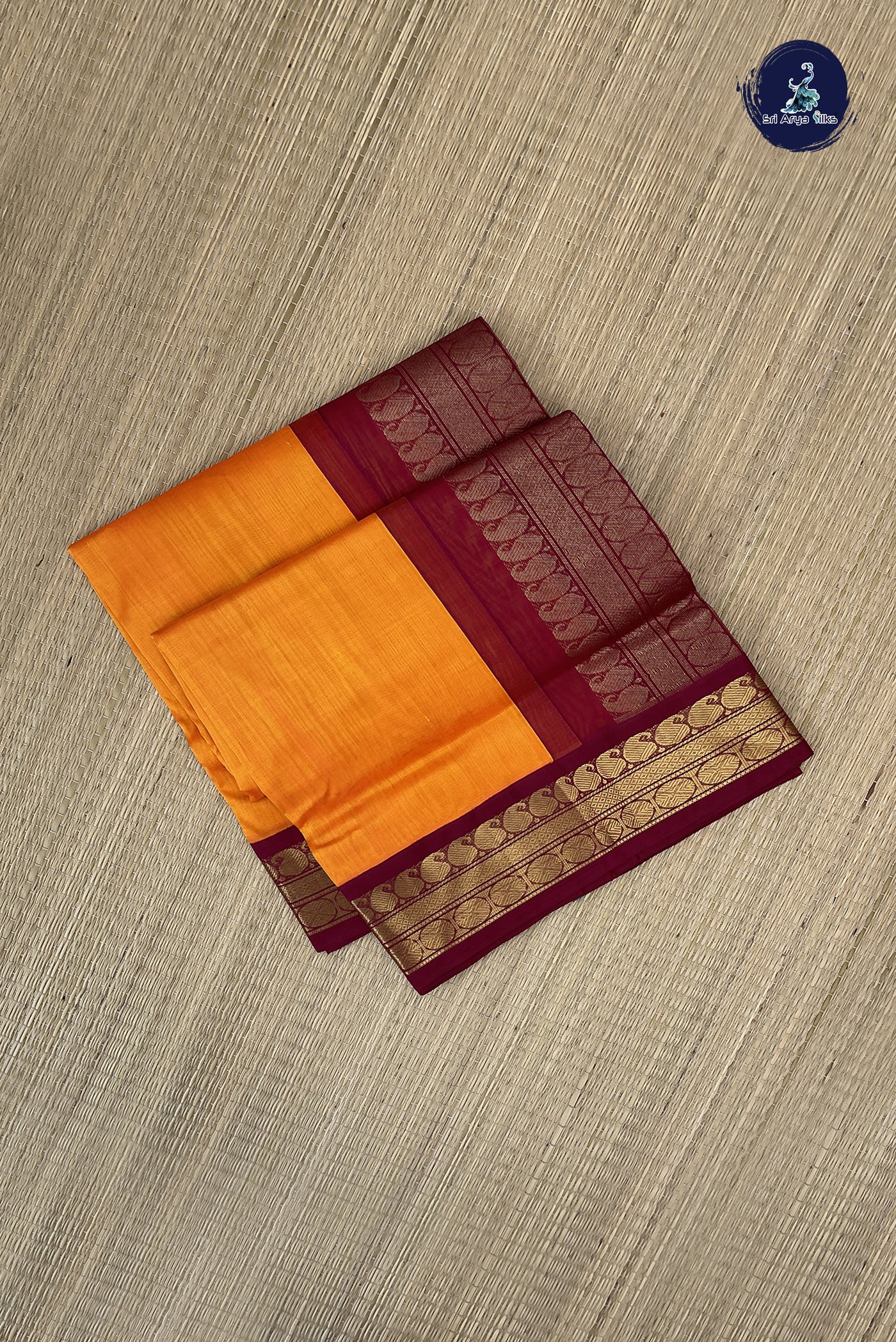 Yellowish Orange Korvai Silk Cotton Saree With Plain Pattern