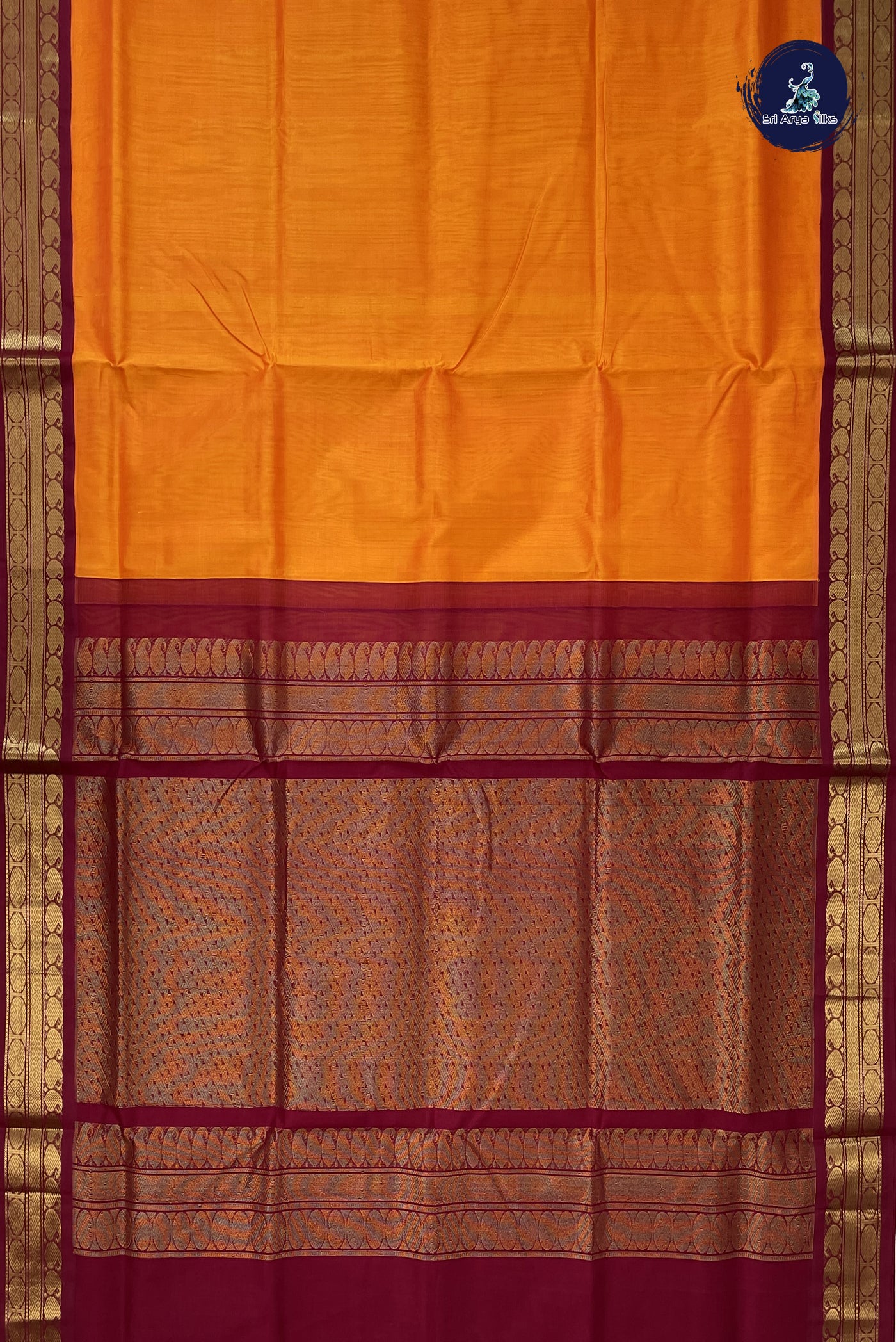 Yellowish Orange Korvai Silk Cotton Saree With Plain Pattern