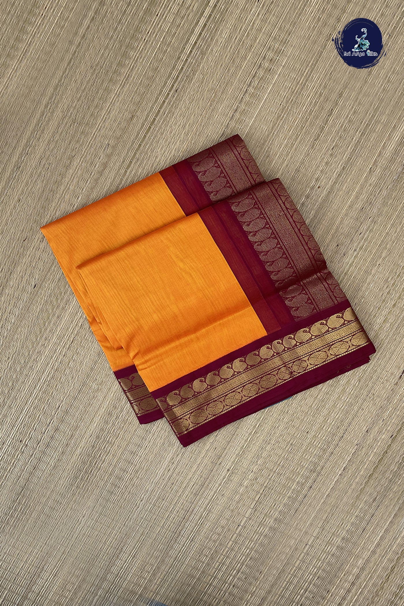 Yellowish Orange Korvai Silk Cotton Saree With Plain Pattern