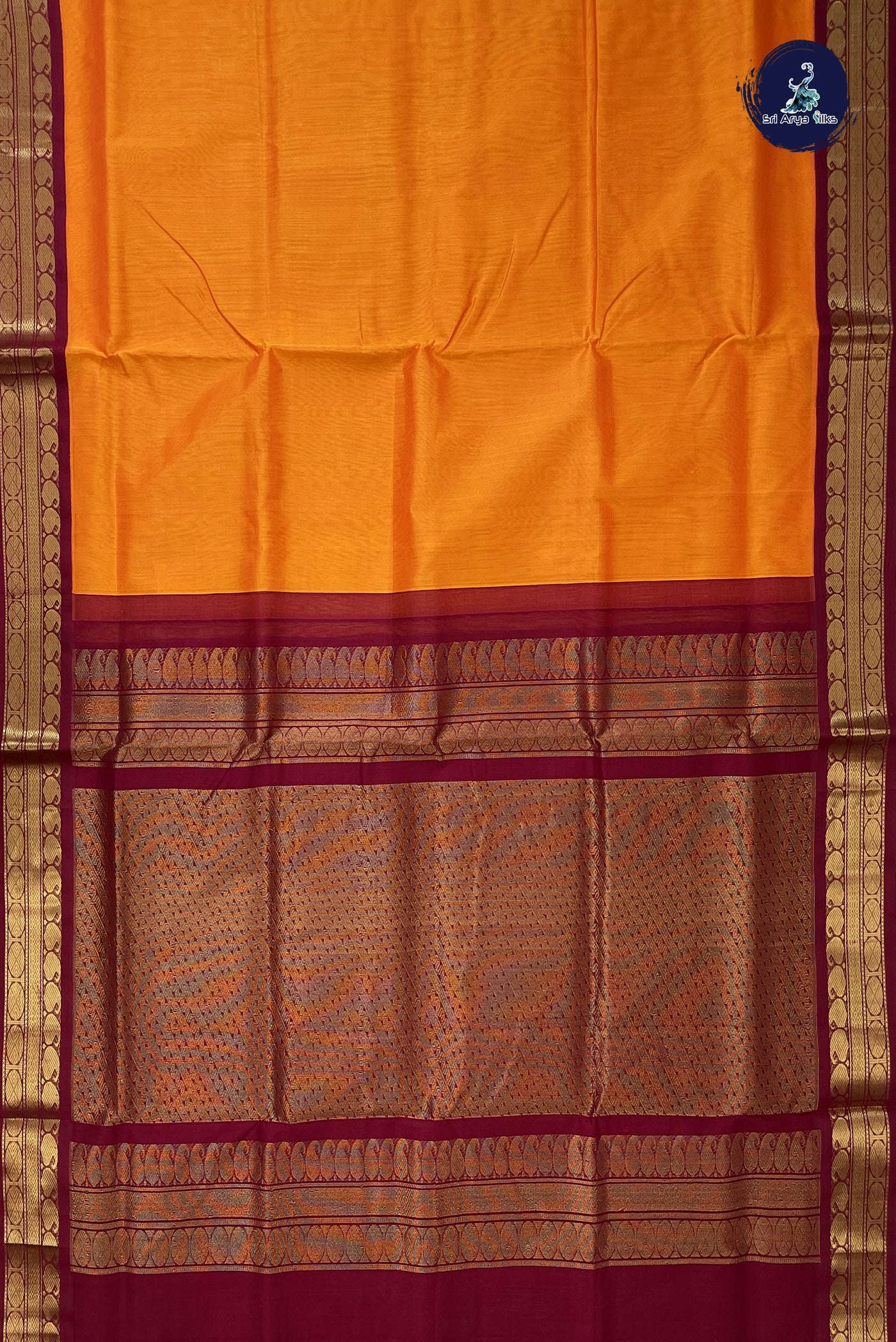 Yellowish Orange Korvai Silk Cotton Saree With Plain Pattern