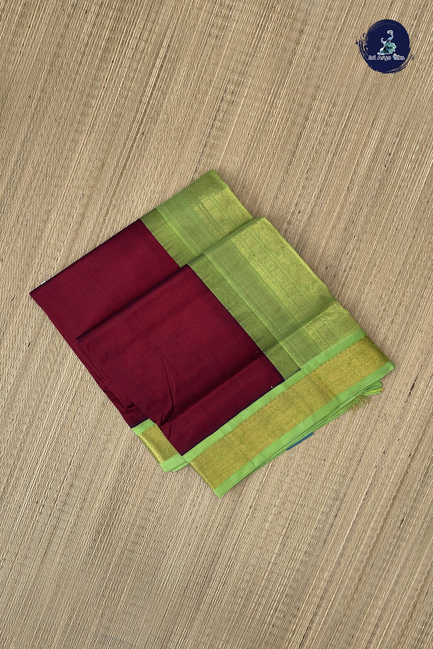 Dual Tone Maroon Korvai Silk Cotton Saree With Plain Pattern