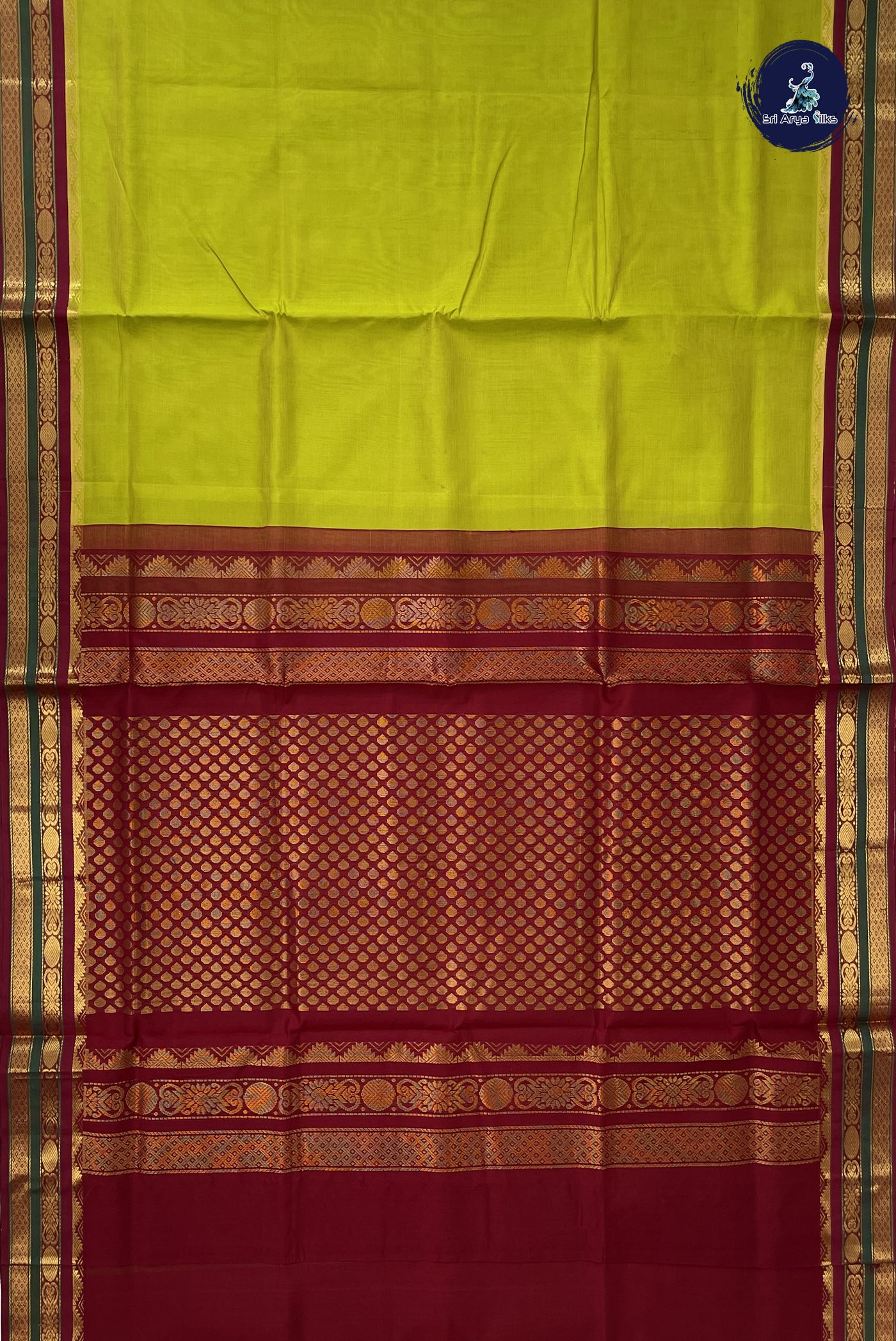 Paasiparupu Green Korvai Silk Cotton Saree With Plain Pattern