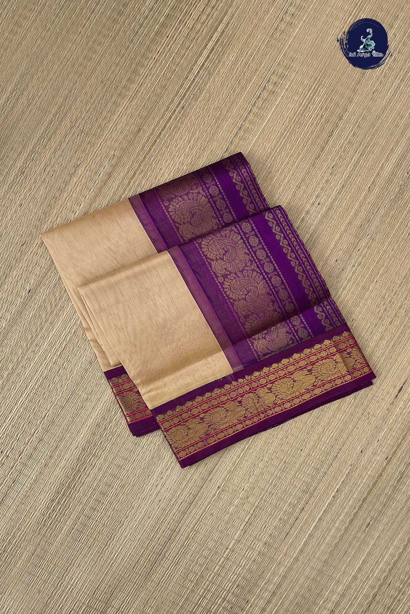 Beige Korvai Silk Cotton Saree With Plain Pattern