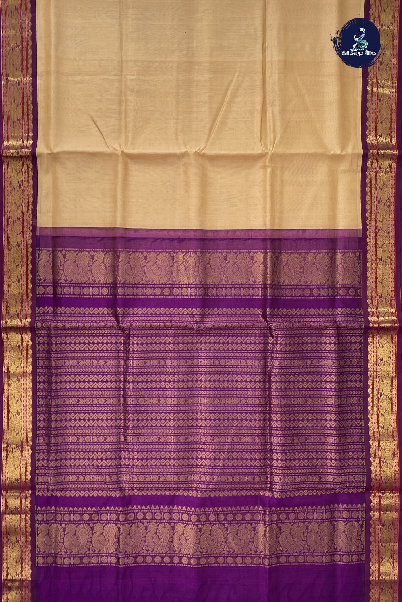 Beige Korvai Silk Cotton Saree With Plain Pattern