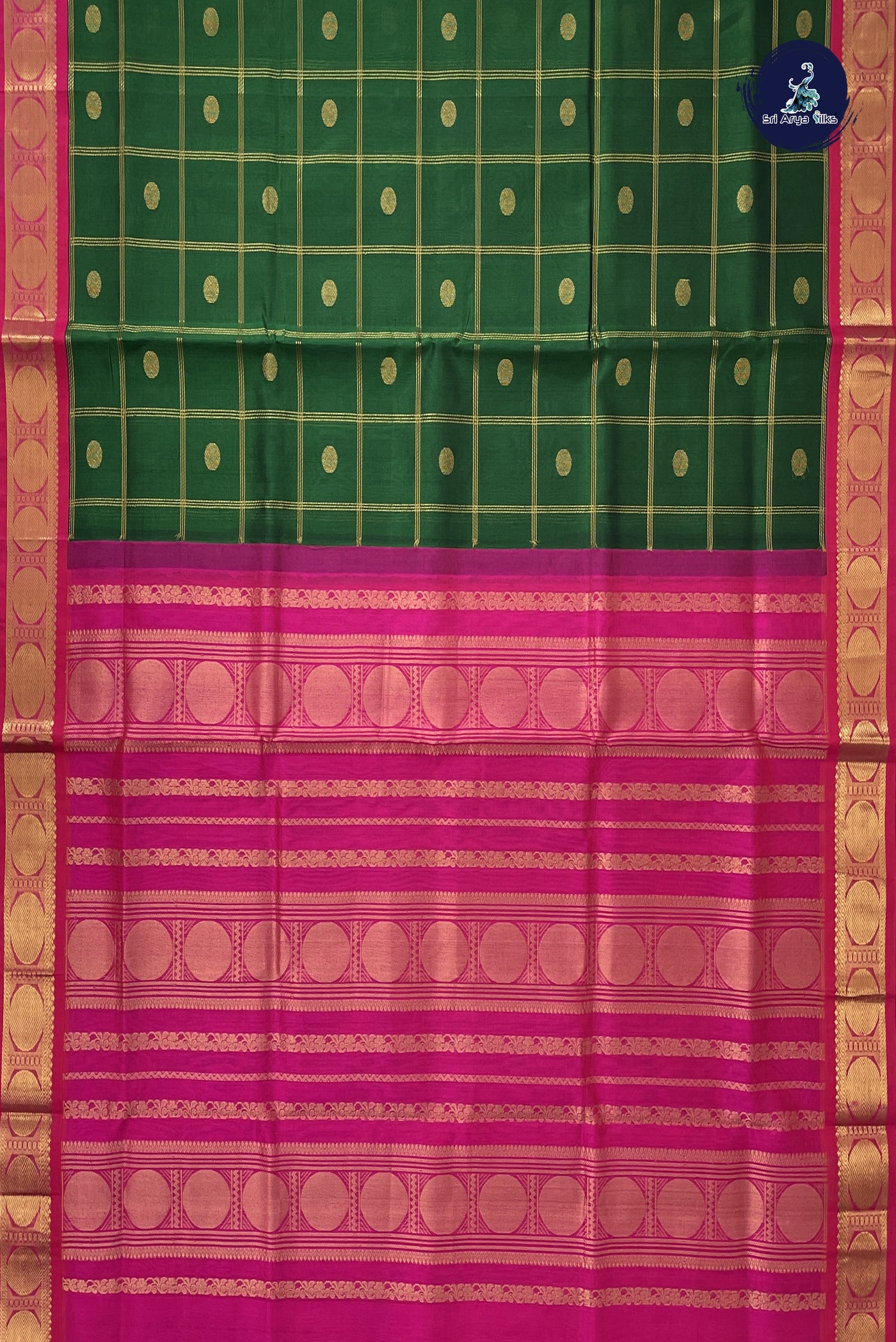 Bottle Green Checked Saree With Zari Checked Pattern