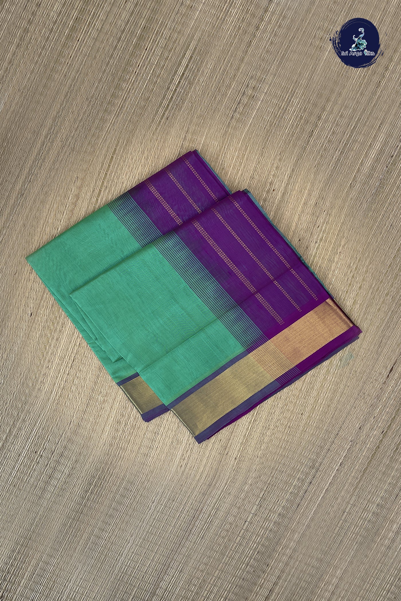 Sea Green Simple Silk Cotton Saree With Plain Pattern