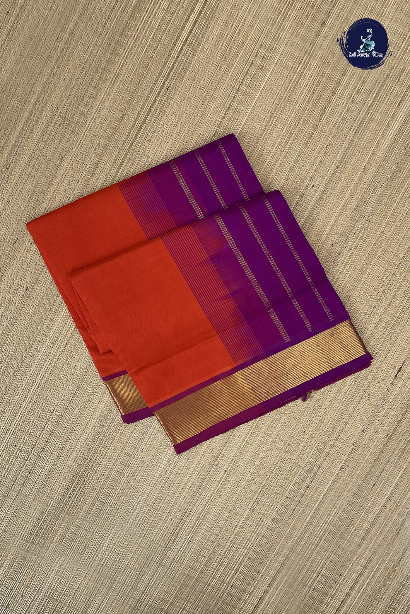 Reddish Orange Simple Silk Cotton Saree With Plain Pattern