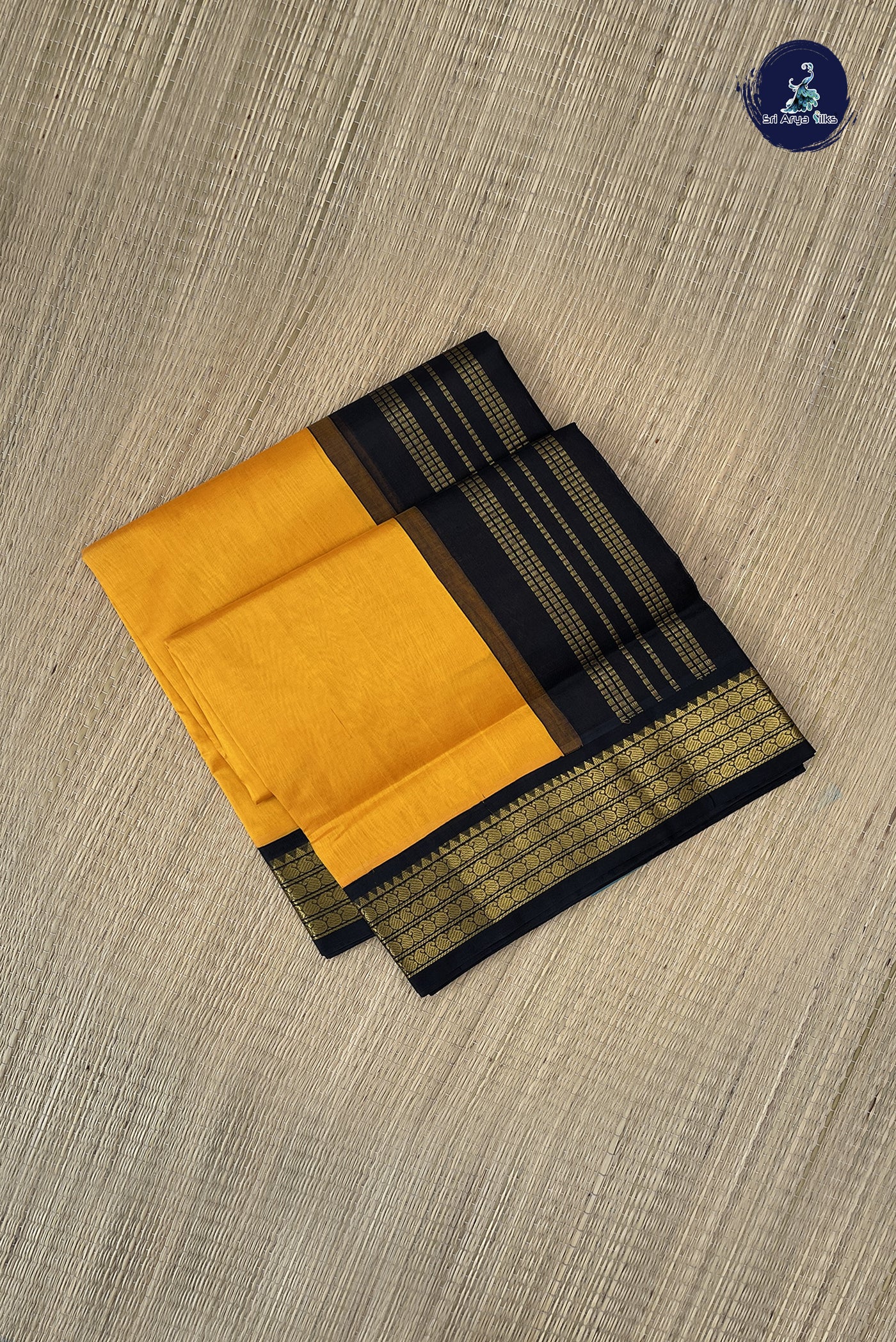 Mango Yellow Korvai Silk Cotton Saree With Plain Pattern