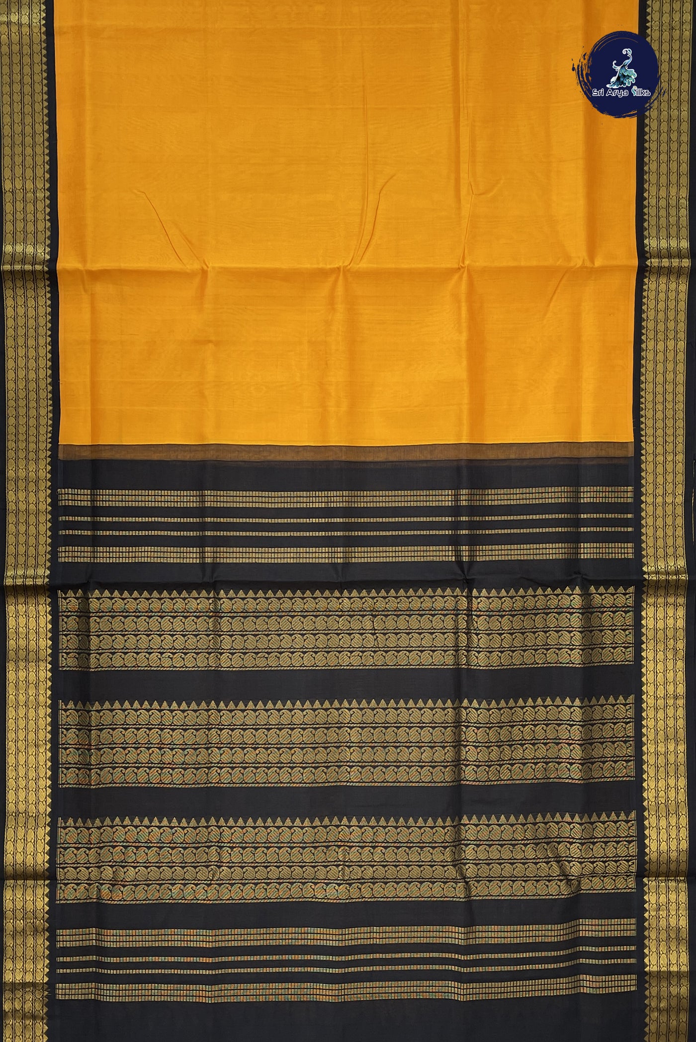 Mango Yellow Korvai Silk Cotton Saree With Plain Pattern