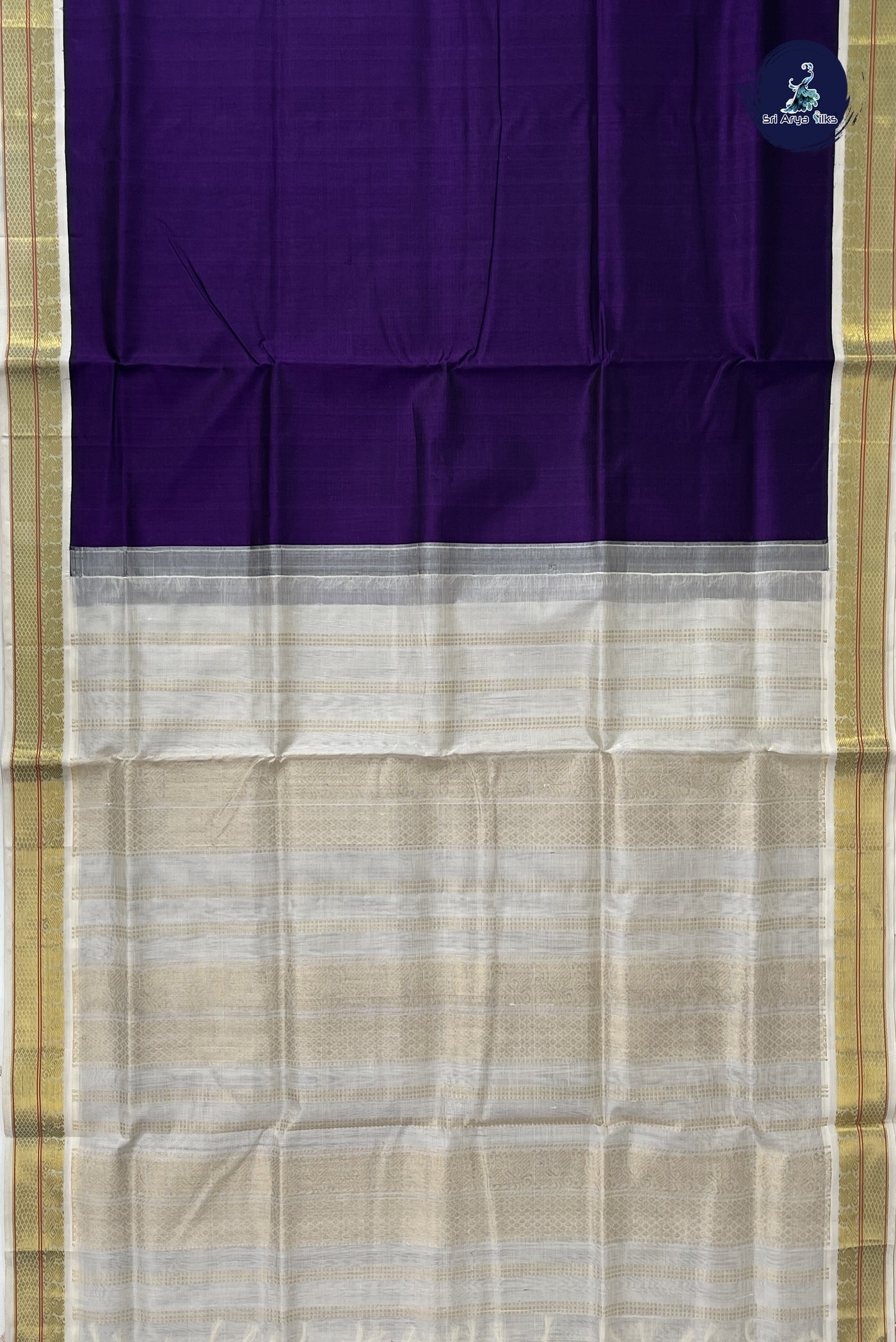 Dark Violet Korvai Silk Cotton Saree With Plain Pattern