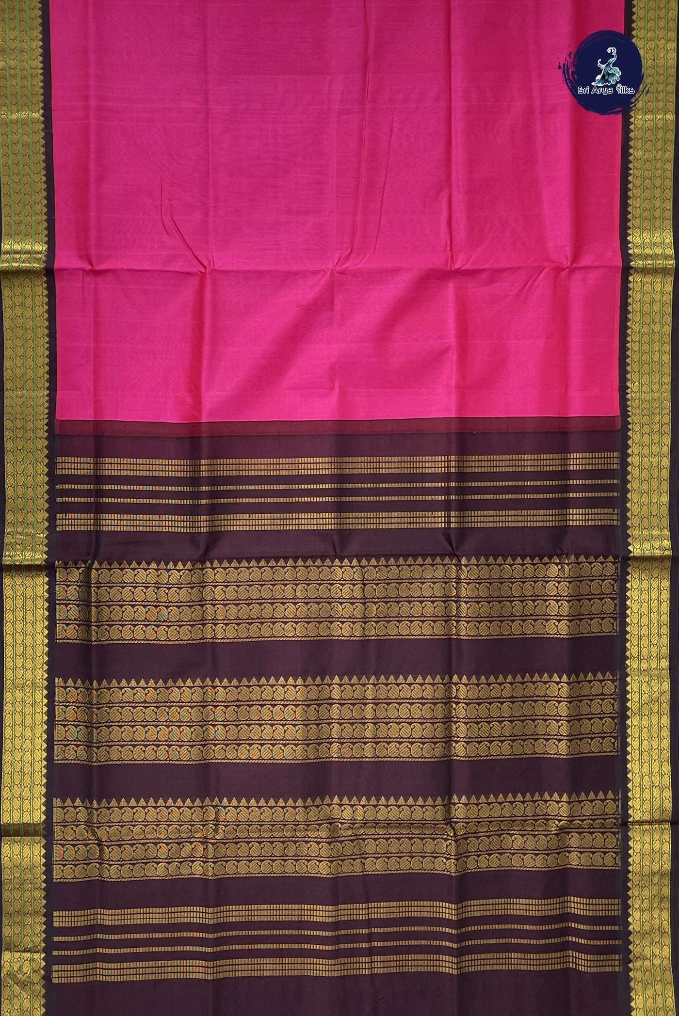 Rani Pink Korvai Silk Cotton Saree With Plain Pattern