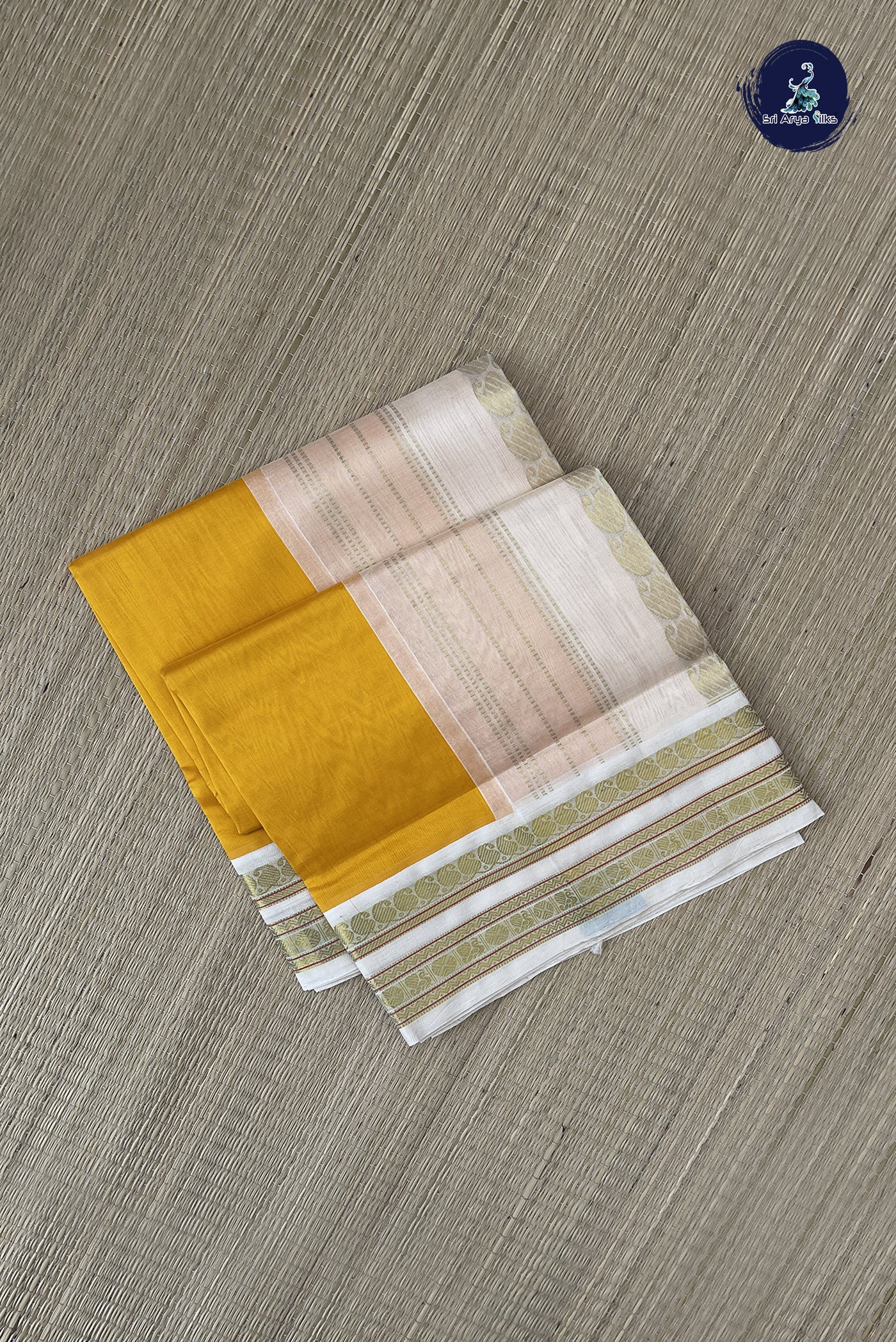 Mango Yellow Korvai Silk Cotton Saree With Plain Pattern