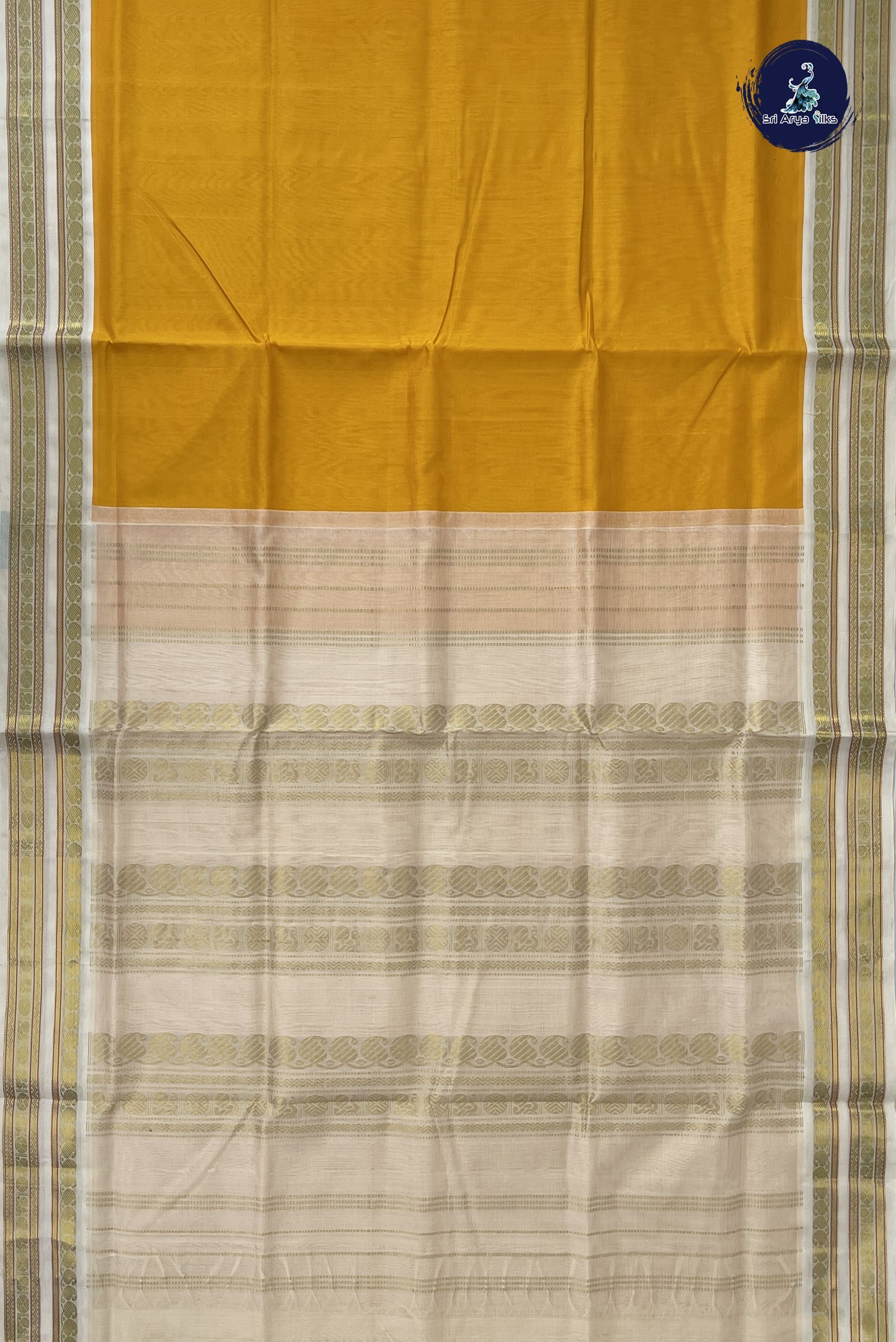 Mango Yellow Korvai Silk Cotton Saree With Plain Pattern