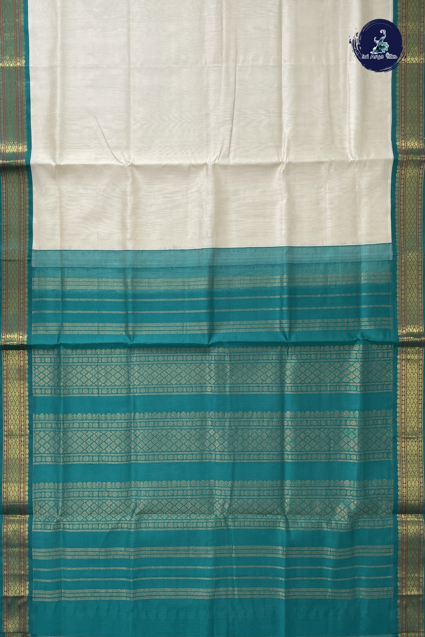 Off White Korvai Silk Cotton Saree With Plain Pattern