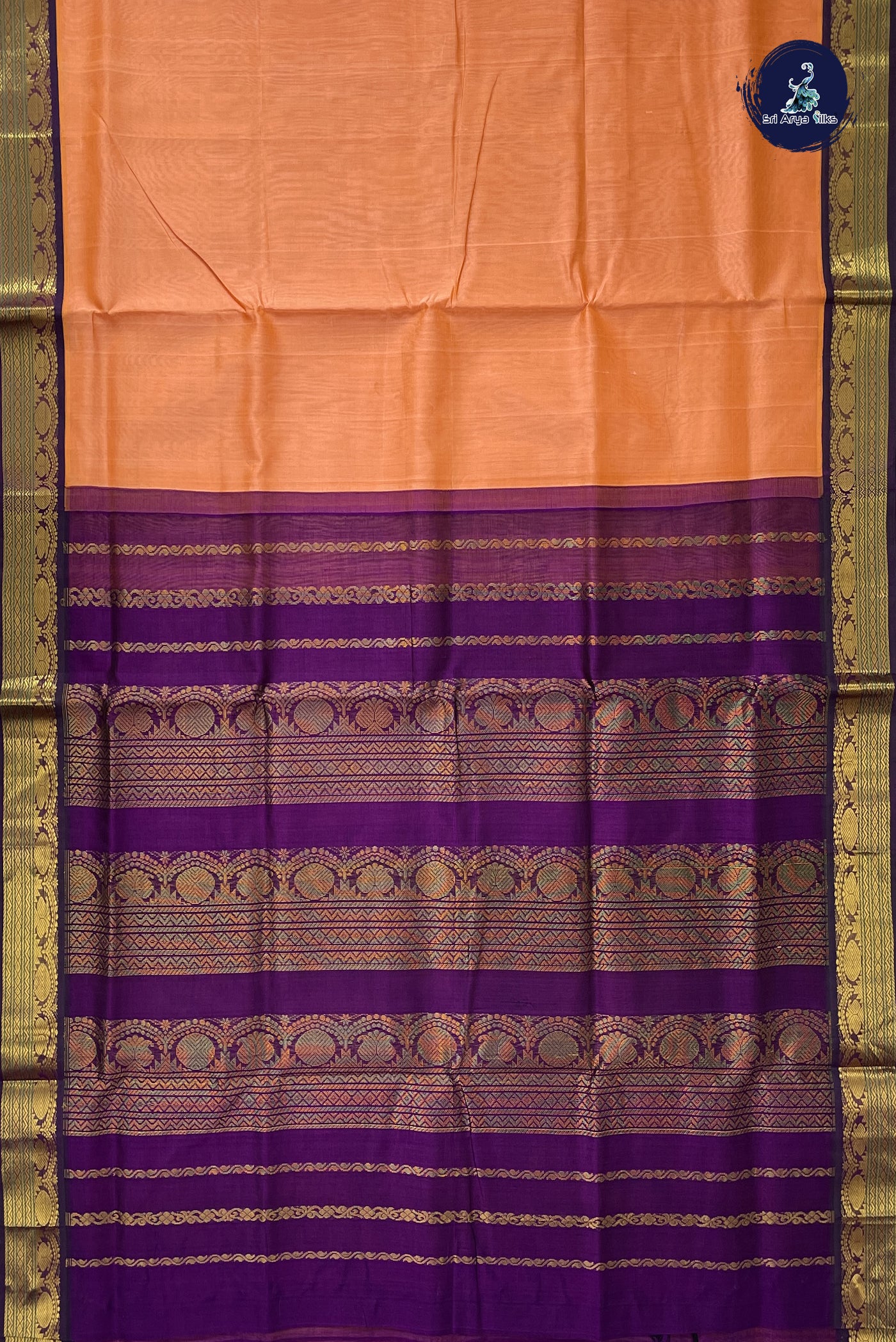 Peach Korvai Silk Cotton Saree With Plain Pattern