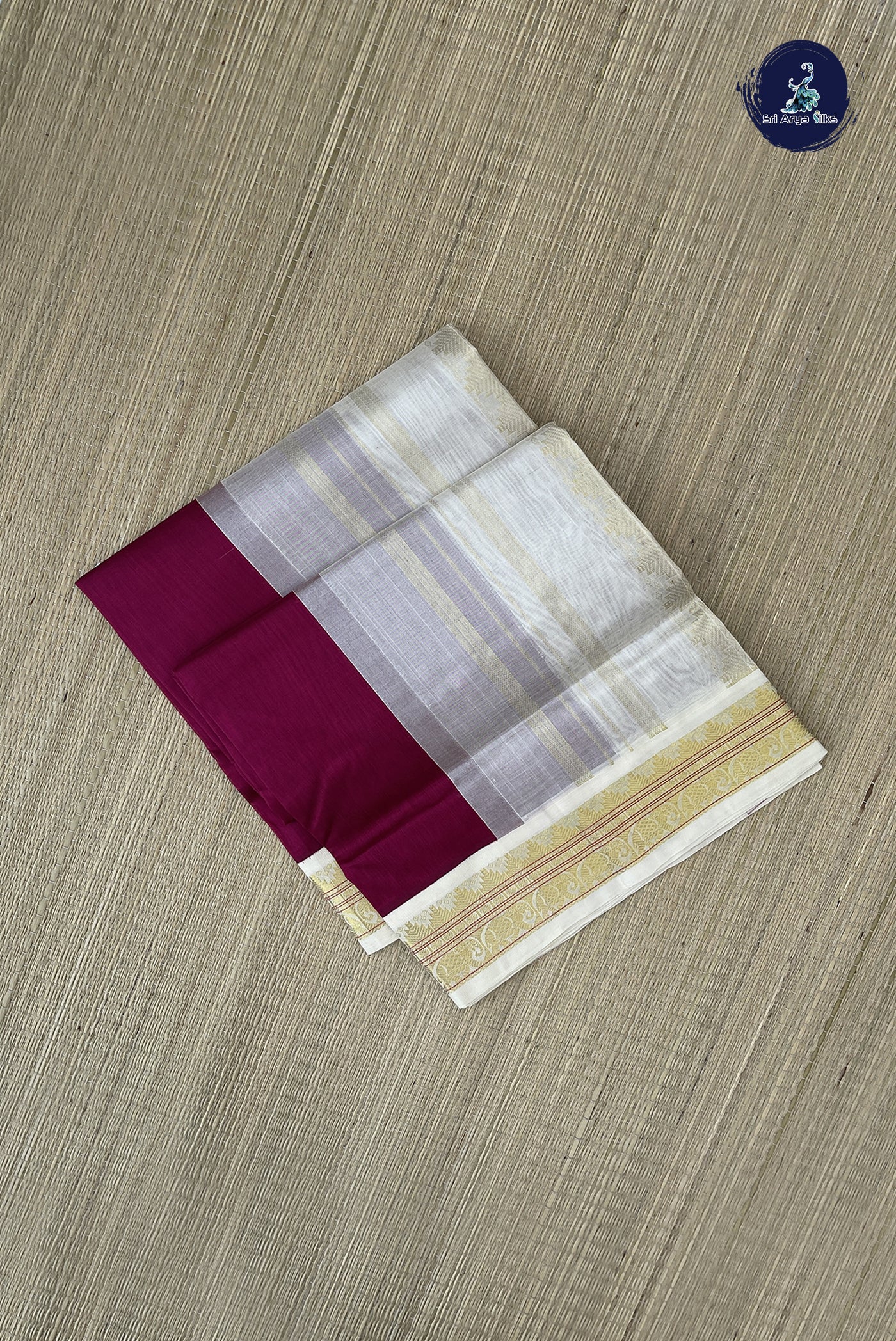 Pinkish Maroon Korvai Silk Cotton Saree With Plain Pattern