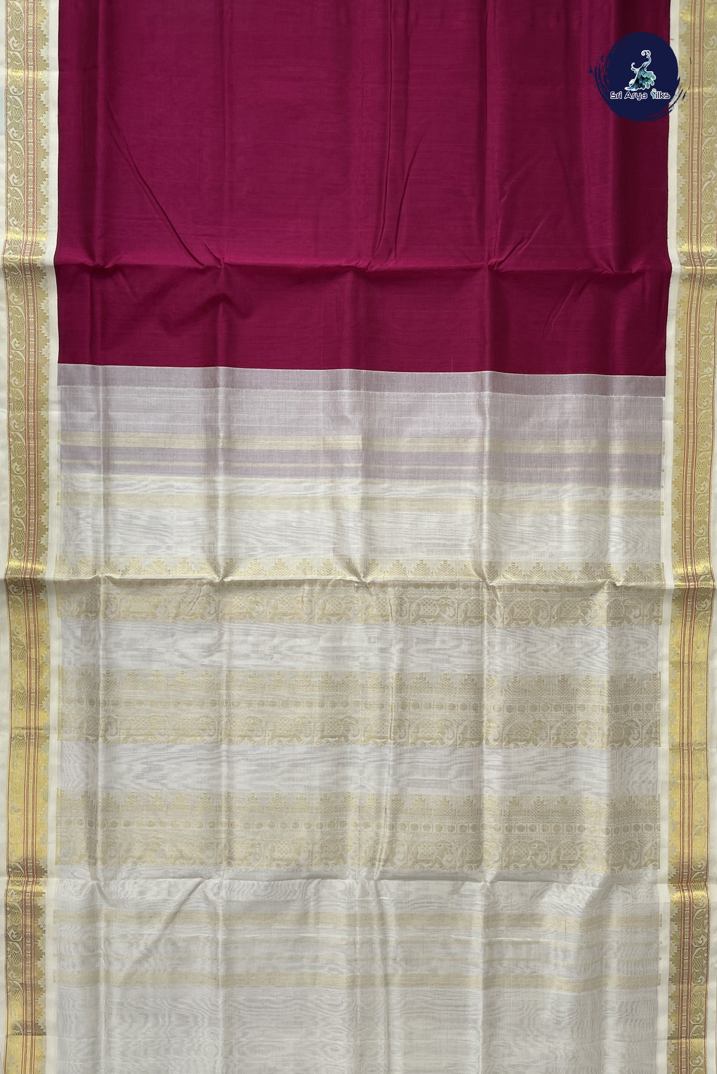 Pinkish Maroon Korvai Silk Cotton Saree With Plain Pattern