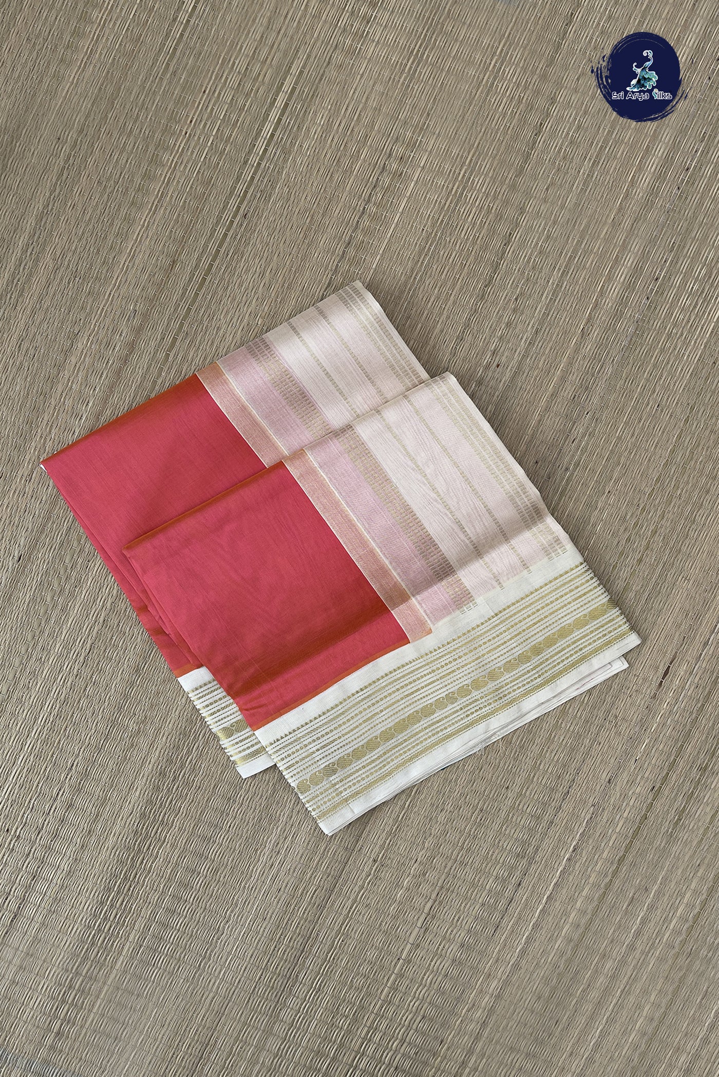 Orangish Pink Korvai Silk Cotton Saree With Plain Pattern