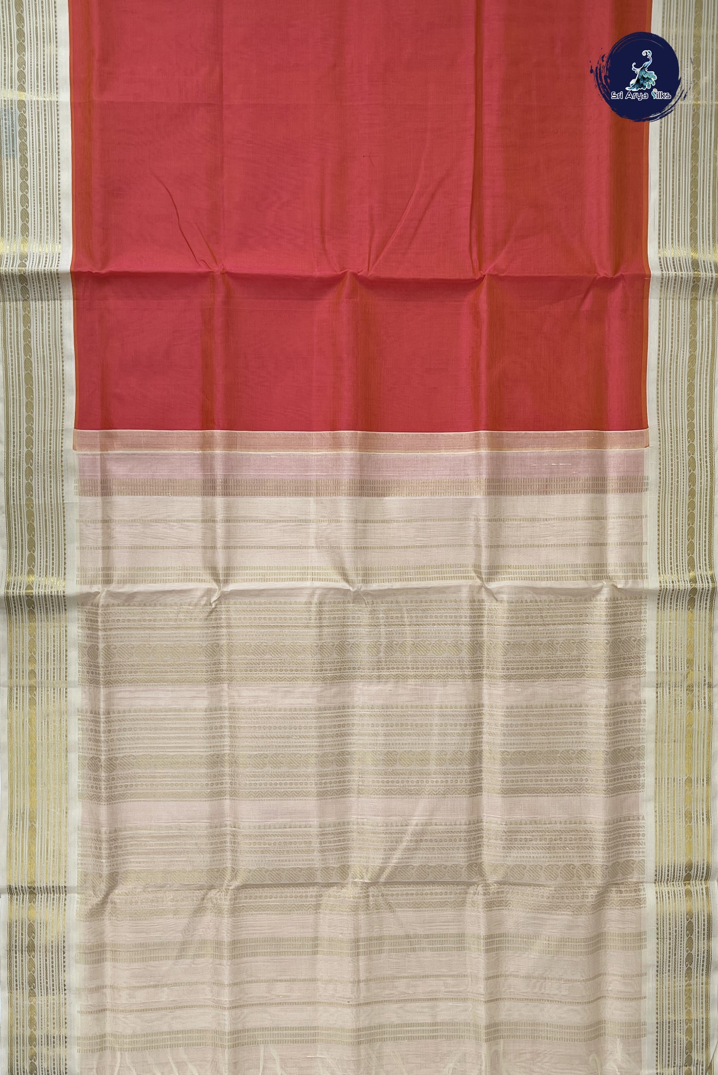 Orangish Pink Korvai Silk Cotton Saree With Plain Pattern