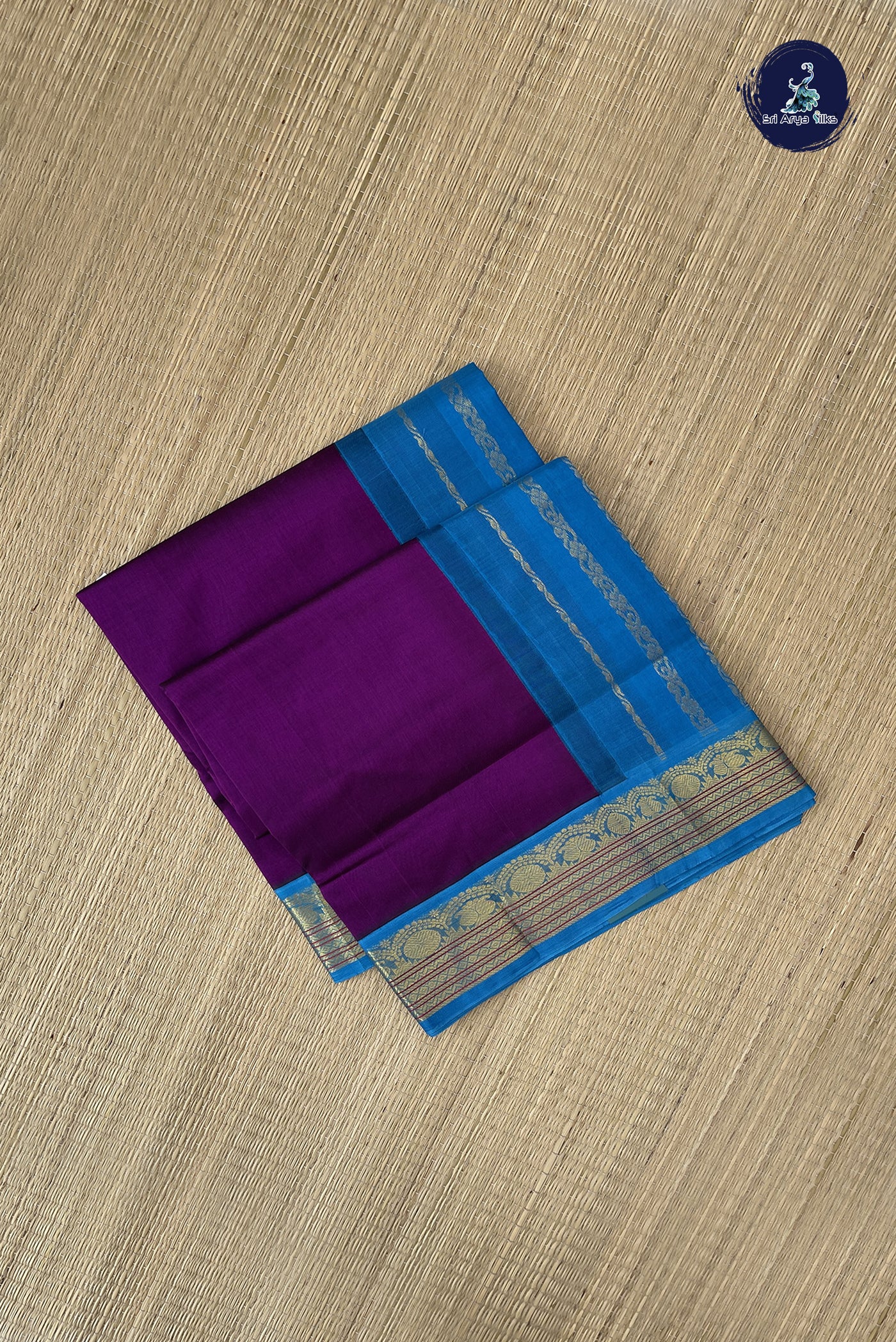 Purple Korvai Silk Cotton Saree With Plain Pattern