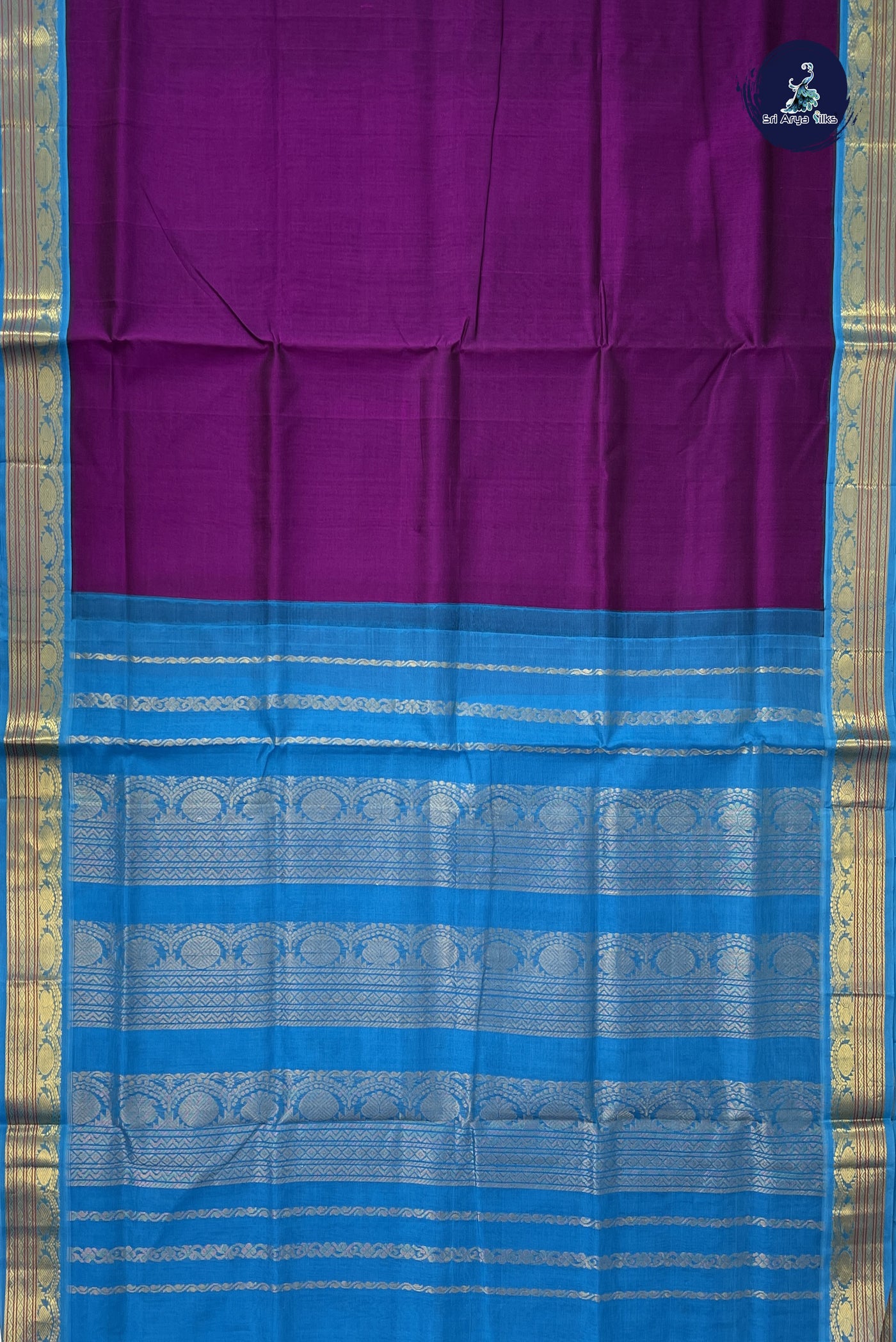 Purple Korvai Silk Cotton Saree With Plain Pattern