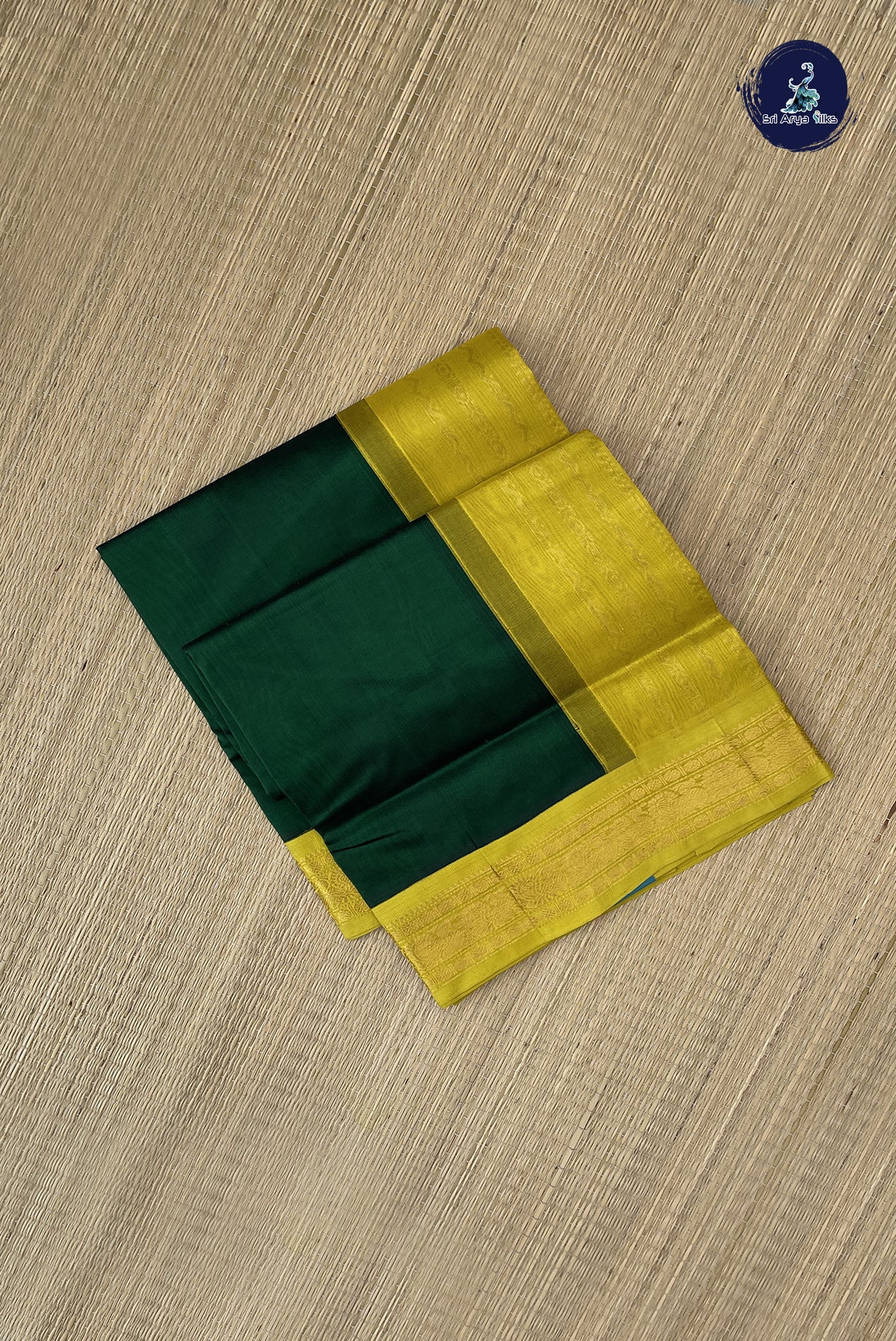 Bottle Green Korvai Silk Cotton Saree With Plain Pattern