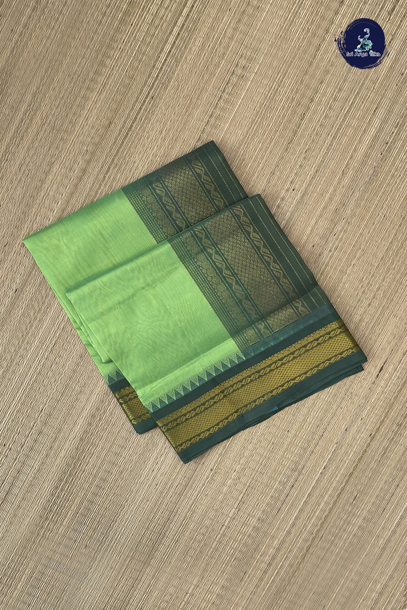 Pastel Green Korvai Silk Cotton Saree With Plain Pattern